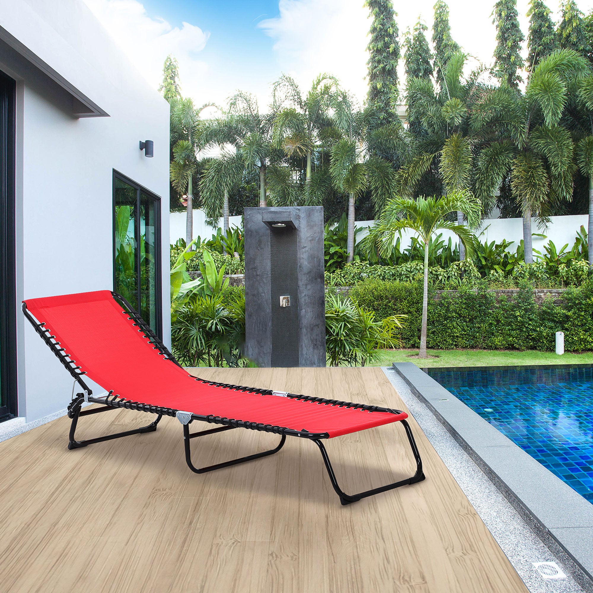 Outsunny Outdoor Folding Lounge Chair, 4-Level Adjustable Chaise Lounge with Headrest, Tanning Chair Beach Bed Reclining Lounger Cot for Camping, Hiking, Backyard, Wine Red