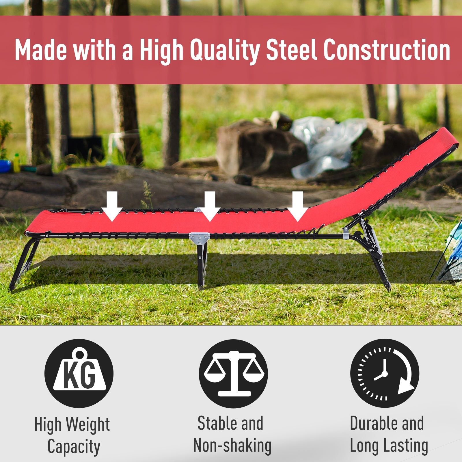 Outsunny Outdoor Folding Lounge Chair, 4-Level Adjustable Chaise Lounge with Headrest, Tanning Chair Beach Bed Reclining Lounger Cot for Camping, Hiking, Backyard, Wine Red