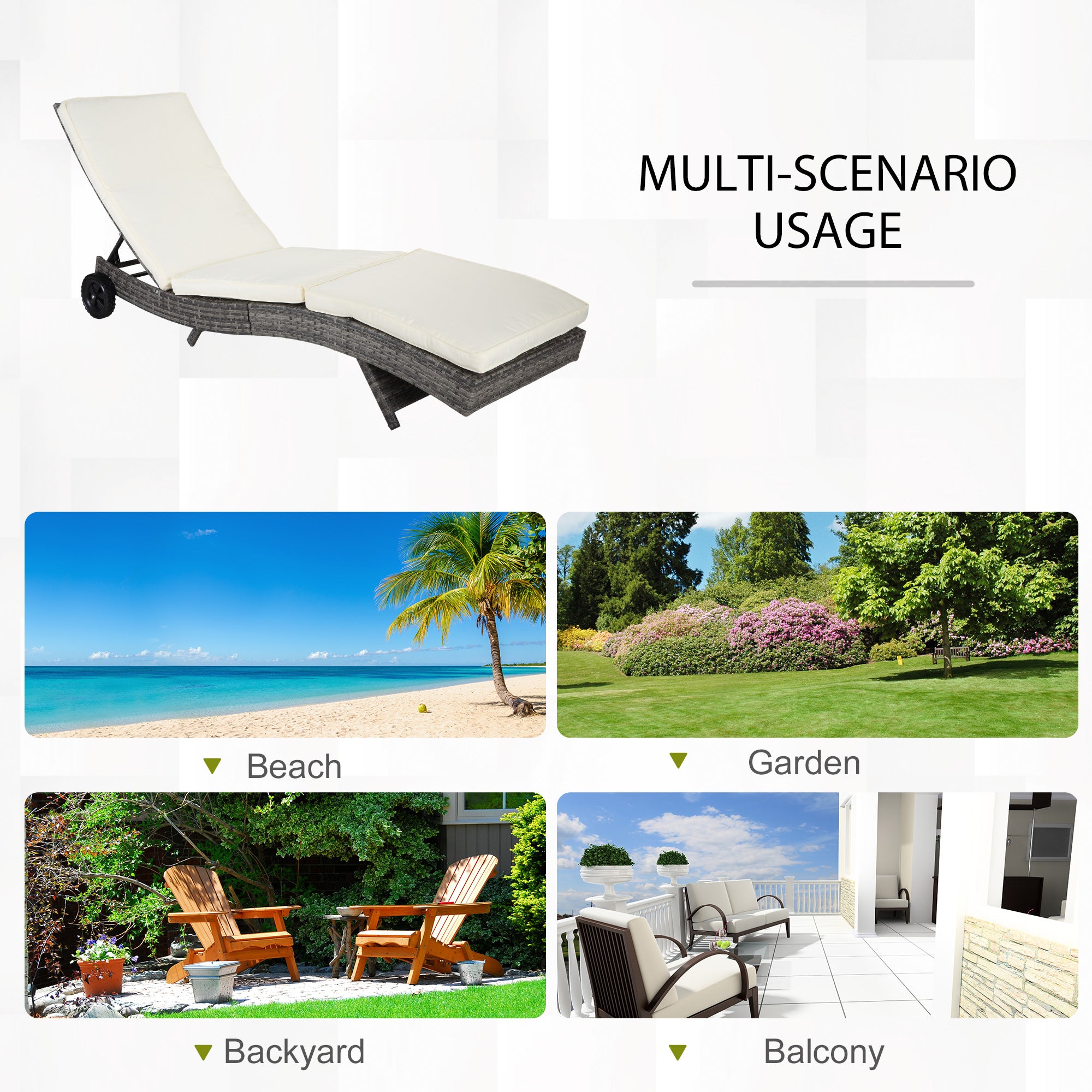 Outsunny Wicker Chaise Lounge, Outdoor Lounge Chair, 5-Level Adjustable Backrest S-Shape Rattan Lounger with Cushion & Wheels for Patio, Deck, Poolside, Cream White