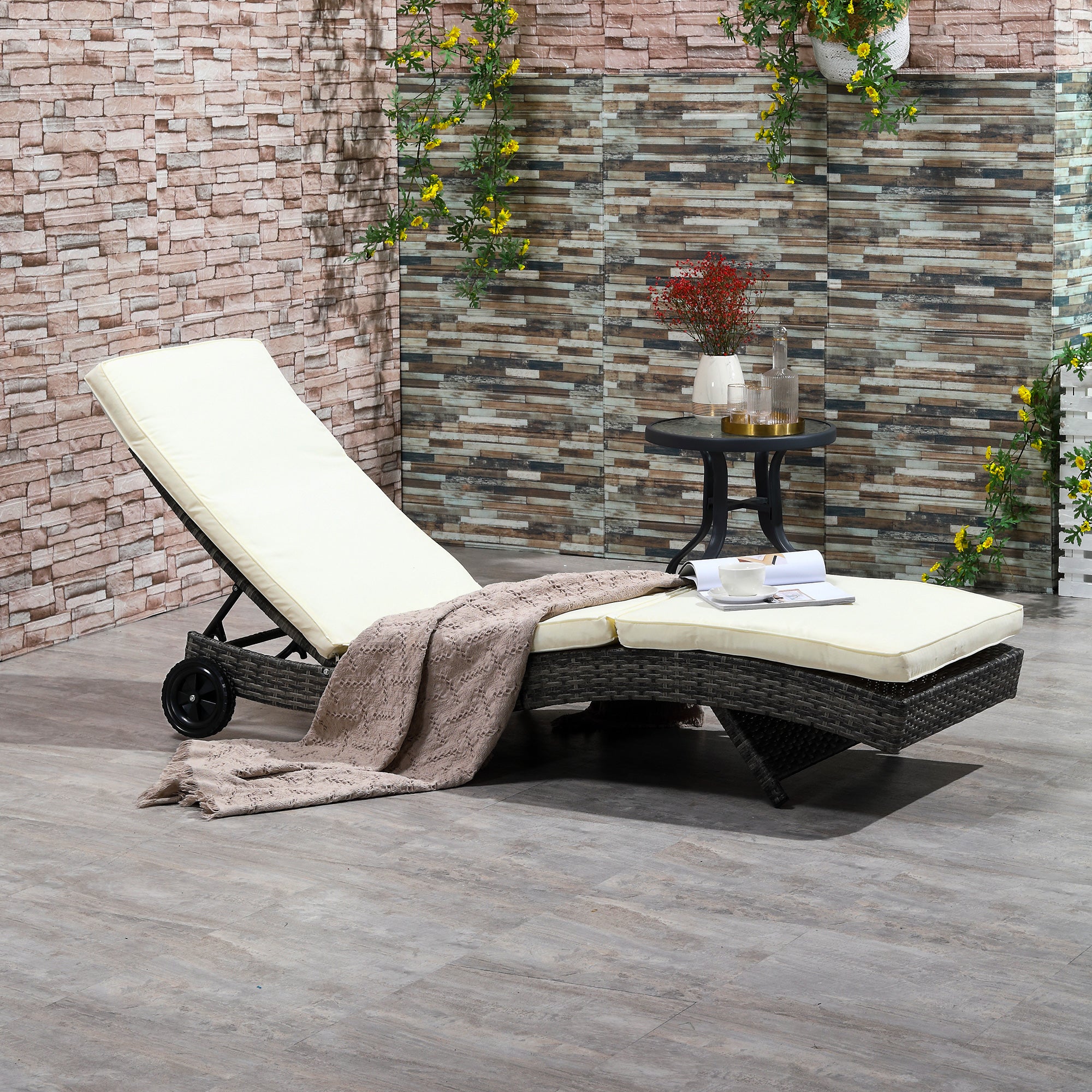 Outsunny Wicker Chaise Lounge, Outdoor Lounge Chair, 5-Level Adjustable Backrest S-Shape Rattan Lounger with Cushion & Wheels for Patio, Deck, Poolside, Cream White