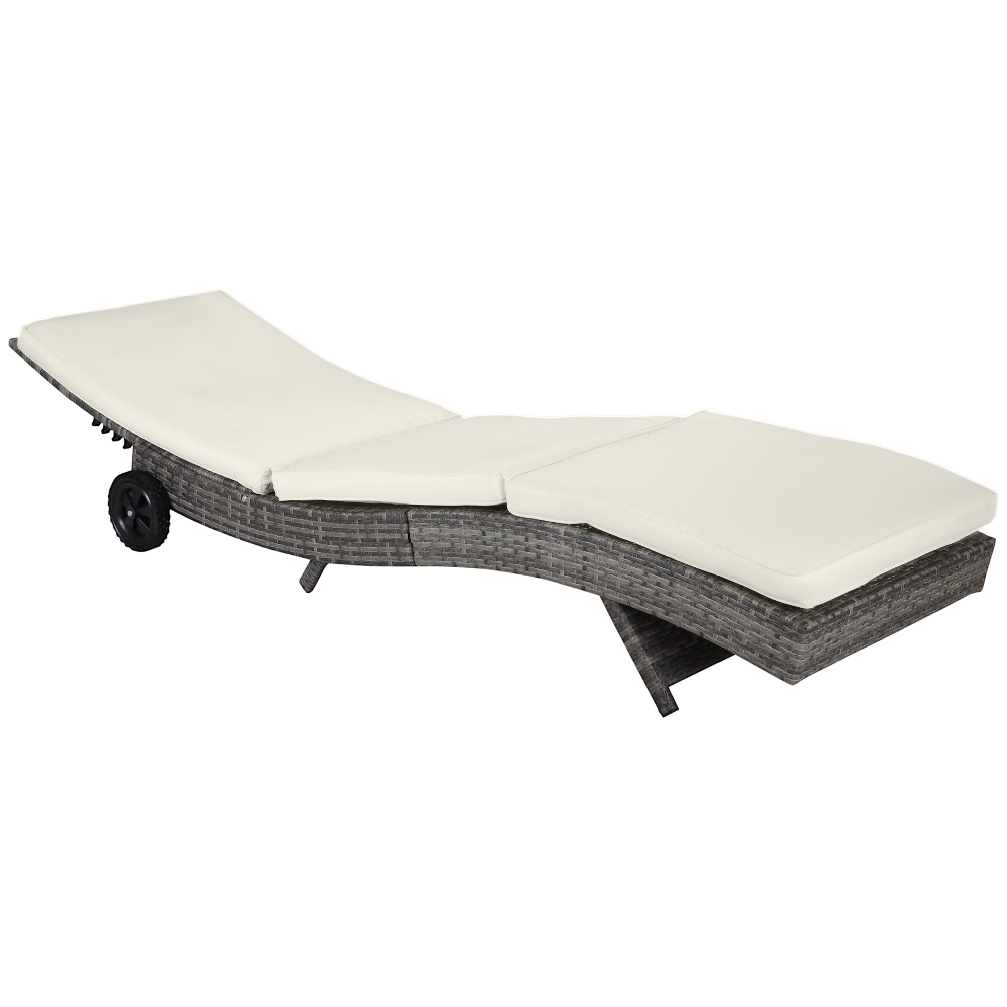 Outsunny Wicker Chaise Lounge, Outdoor Lounge Chair, 5-Level Adjustable Backrest S-Shape Rattan Lounger with Cushion & Wheels for Patio, Deck, Poolside, Cream White