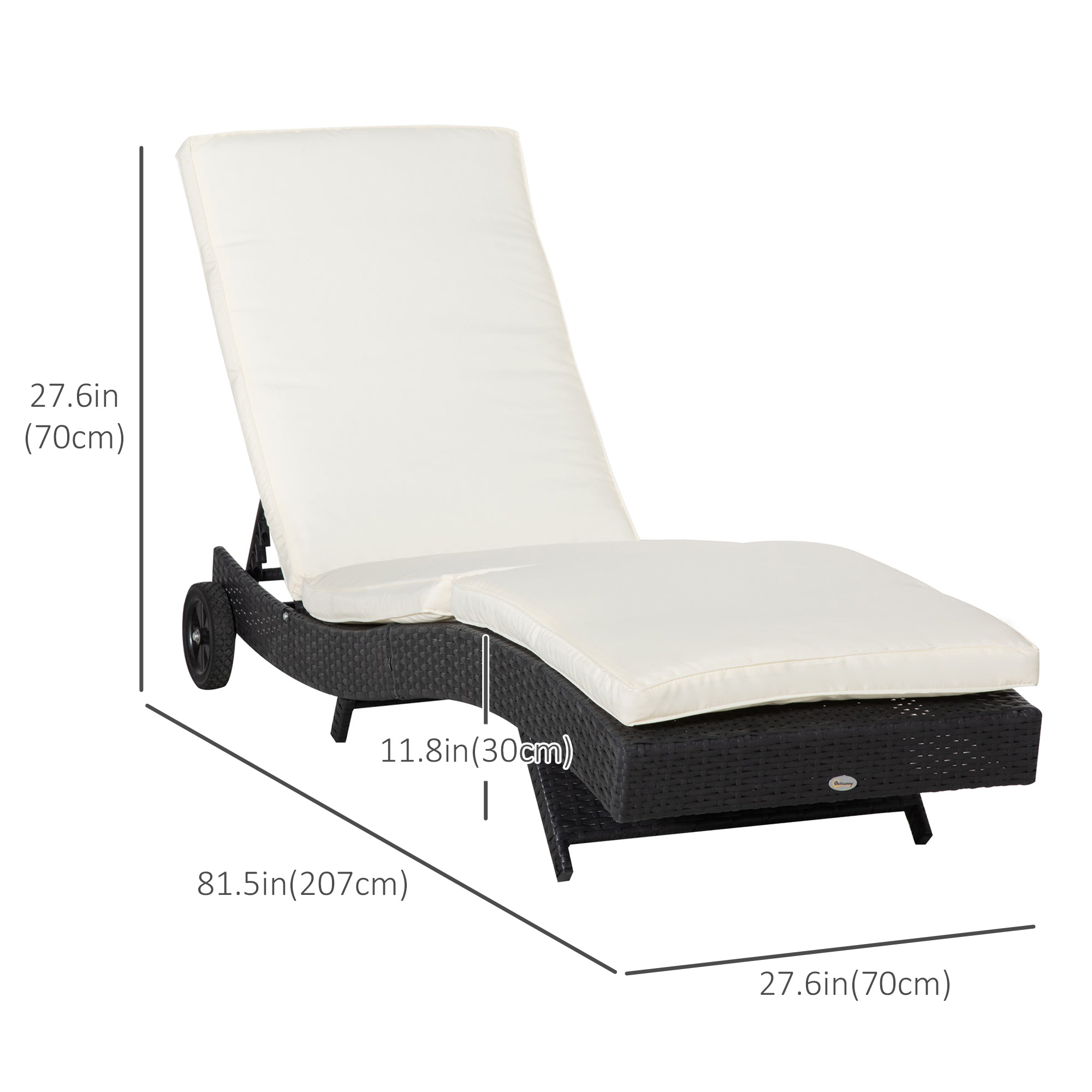 Outsunny Wicker Chaise Lounge, Outdoor Lounge Chair, 5-Level Adjustable Backrest S-Shape Rattan Lounger with Cushion & Wheels for Patio, Deck, Poolside, Cream White