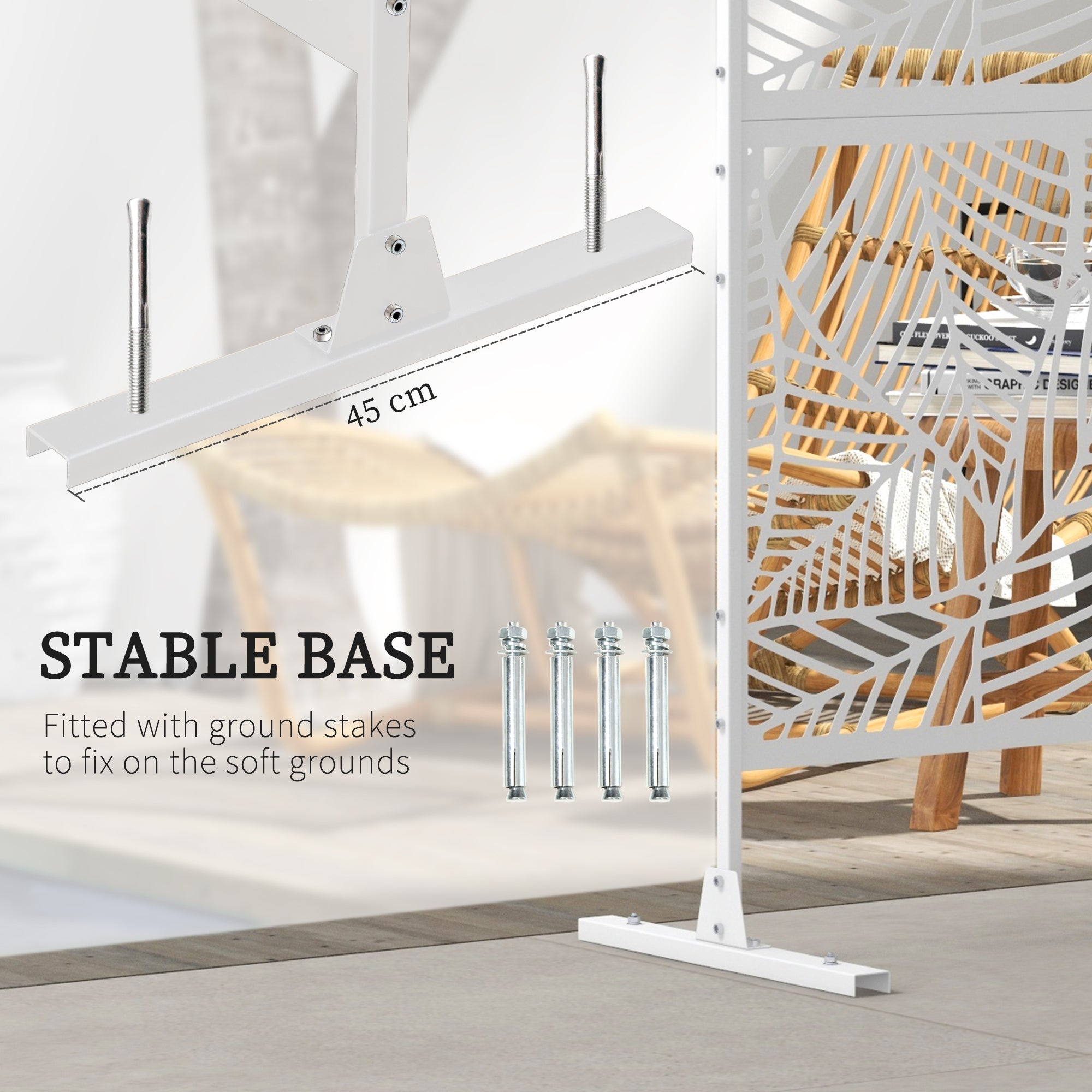 Outsunny Metal Outdoor Privacy Screen, Decorative Outdoor Divider with Stand and Expansion Screws, Freestanding Privacy Panel for Garden, Backyard, Deck, Large Leaf Style, White