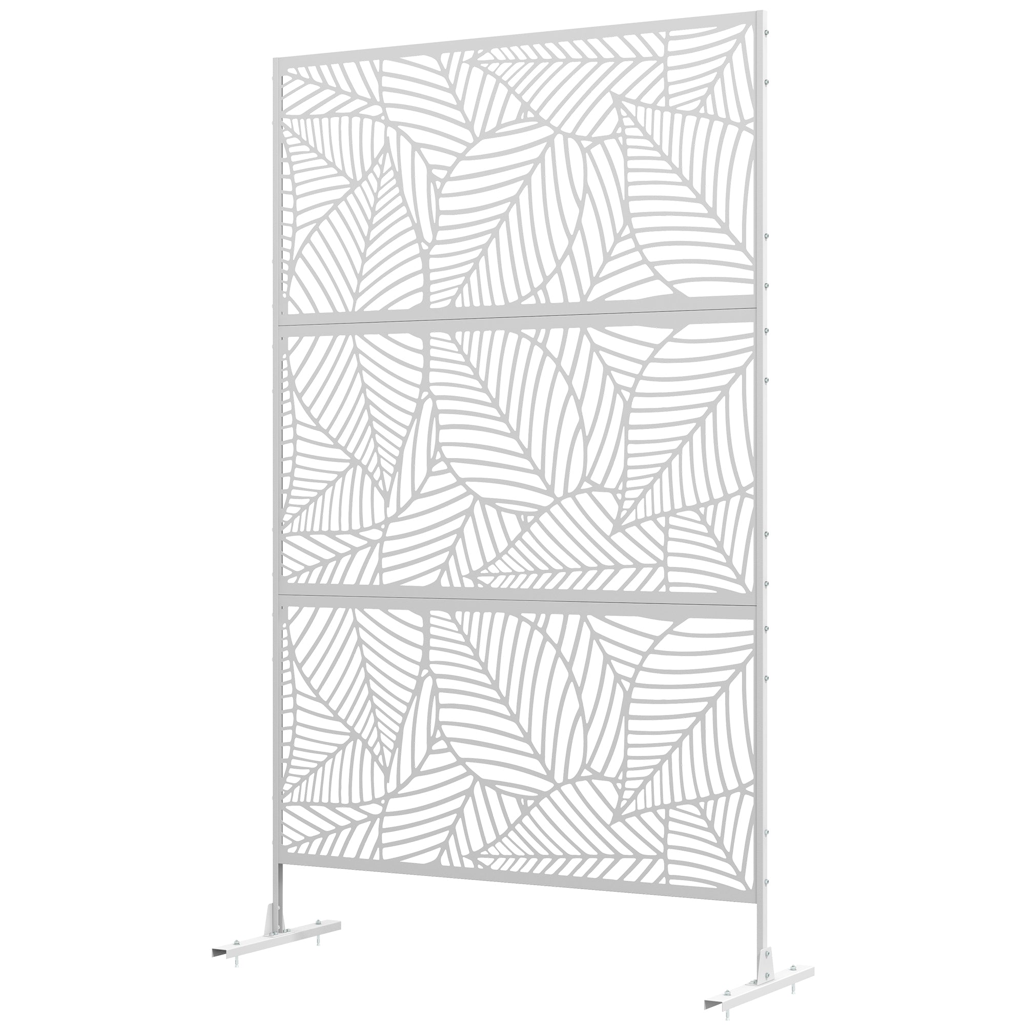 Outsunny Metal Outdoor Privacy Screen, Decorative Outdoor Divider with Stand and Expansion Screws, Freestanding Privacy Panel for Garden, Backyard, Deck, Large Leaf Style, White
