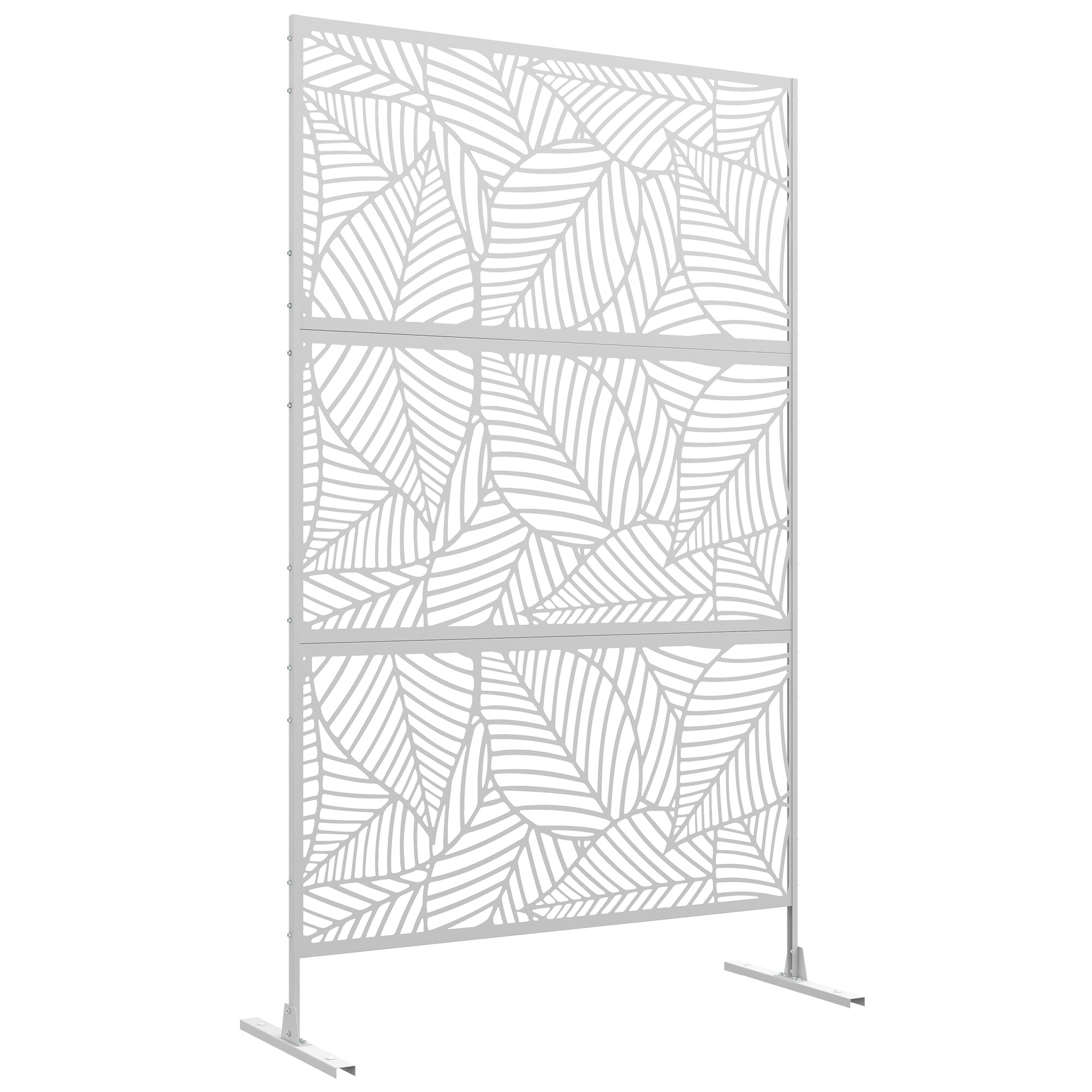 Outsunny Metal Outdoor Privacy Screen, Decorative Outdoor Divider with Stand and Expansion Screws, Freestanding Privacy Panel for Garden, Backyard, Deck, Large Leaf Style, White