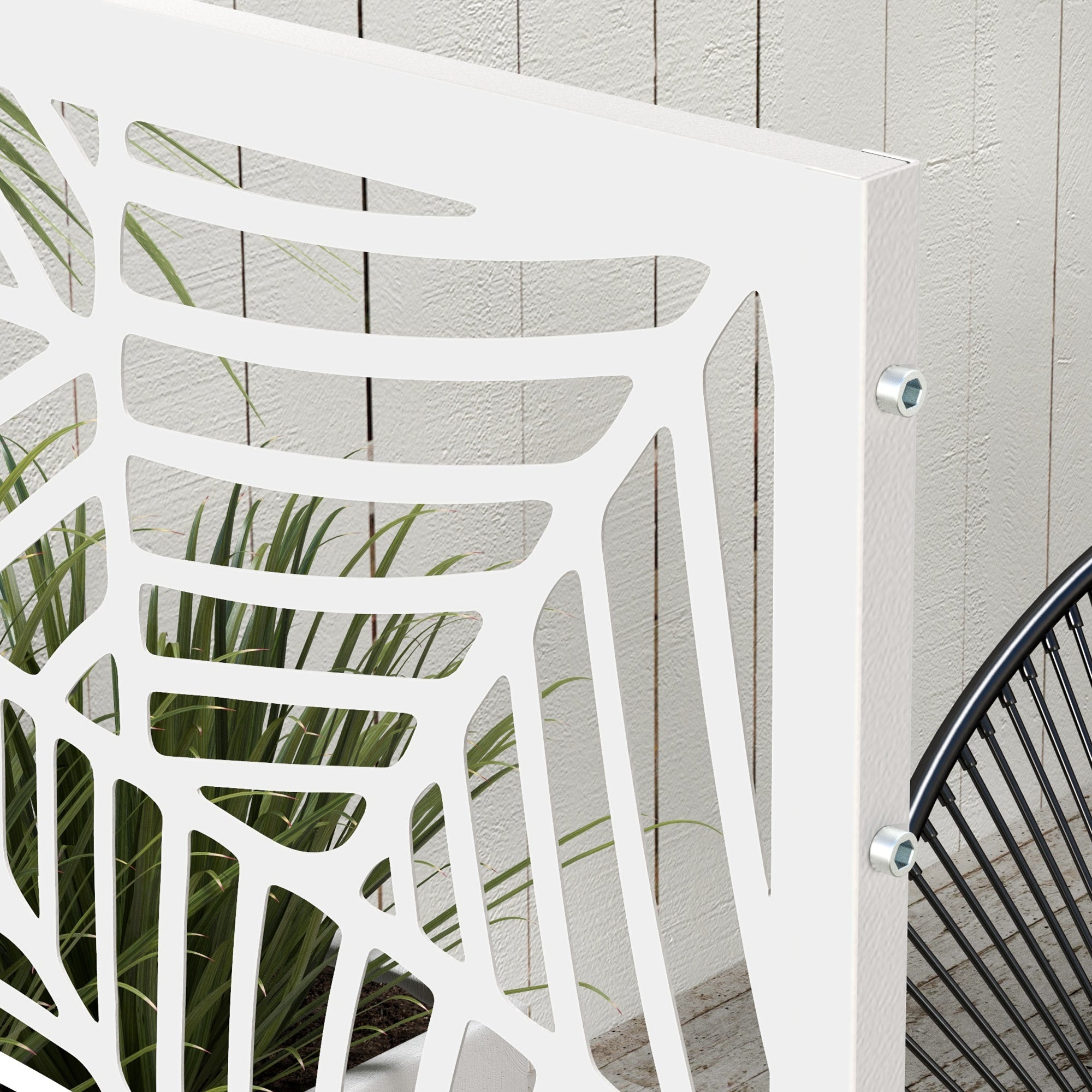 Outsunny Metal Outdoor Privacy Screen, Decorative Outdoor Divider with Stand and Expansion Screws, Freestanding Privacy Panel for Garden, Backyard, Deck, Large Leaf Style, White