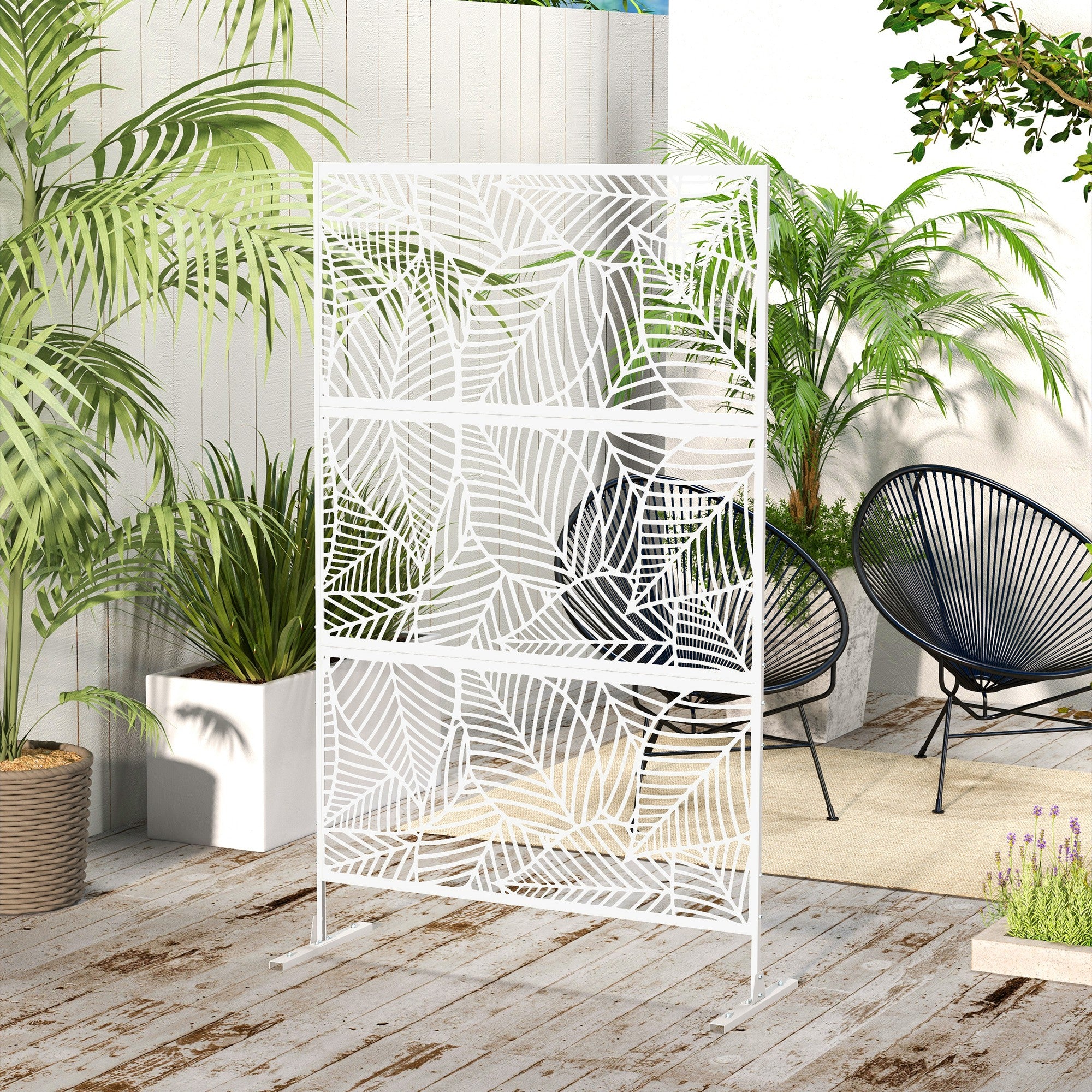 Outsunny Metal Outdoor Privacy Screen, Decorative Outdoor Divider with Stand and Expansion Screws, Freestanding Privacy Panel for Garden, Backyard, Deck, Large Leaf Style, White