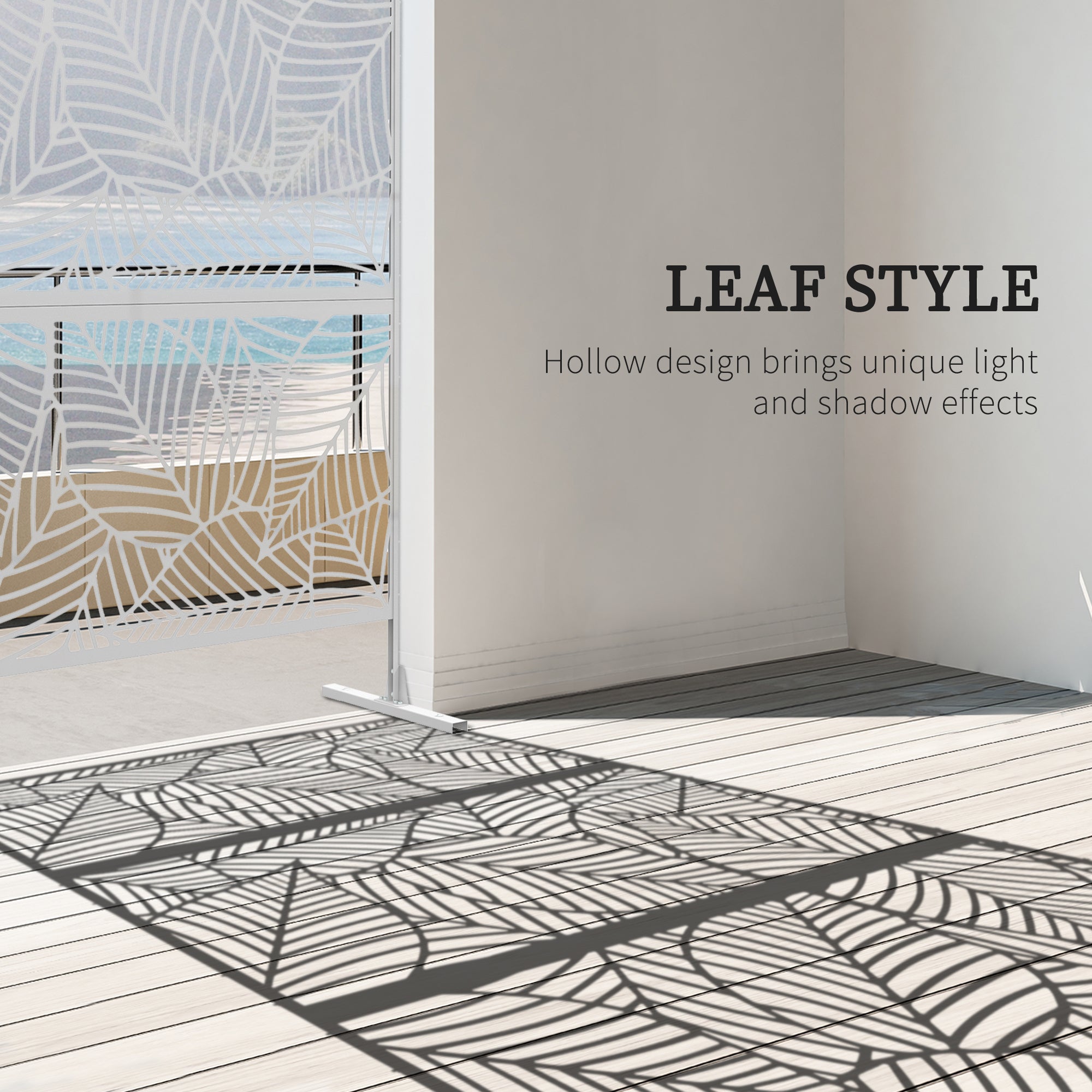 Outsunny Metal Outdoor Privacy Screen, Decorative Outdoor Divider with Stand and Expansion Screws, Freestanding Privacy Panel for Garden, Backyard, Deck, Large Leaf Style, White