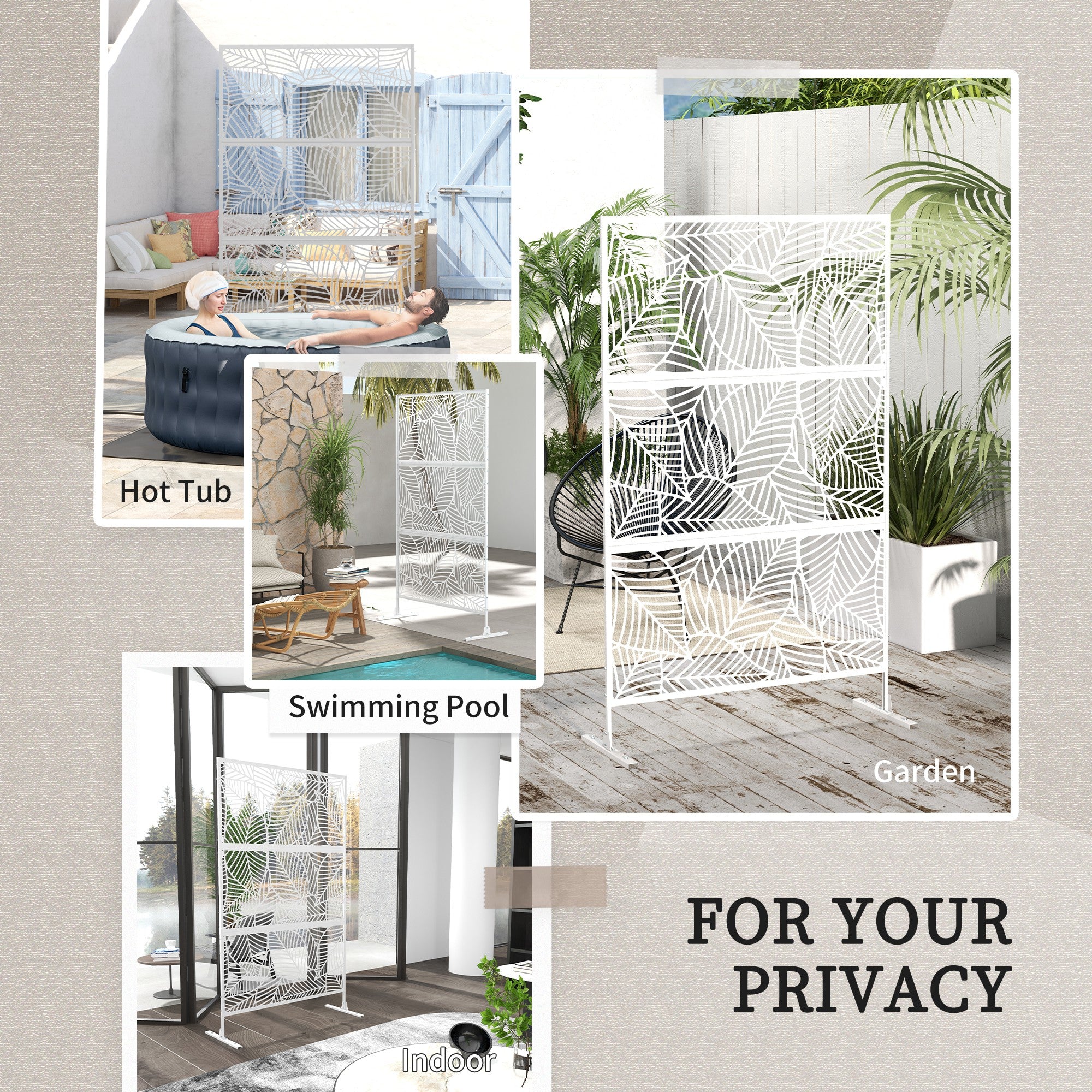 Outsunny Metal Outdoor Privacy Screen, Decorative Outdoor Divider with Stand and Expansion Screws, Freestanding Privacy Panel for Garden, Backyard, Deck, Large Leaf Style, White