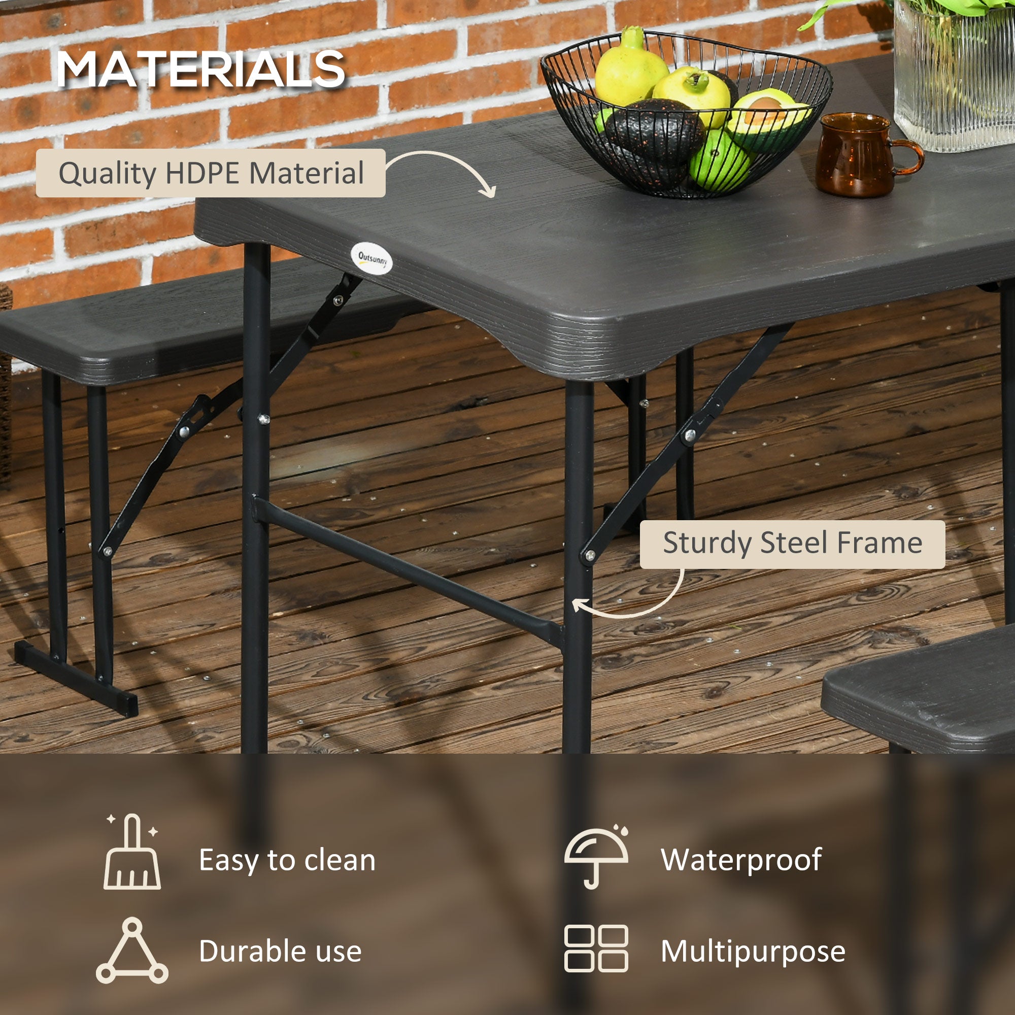 Outsunny Folding Picnic Table with 2 Benches, 3-Piece Portable Outdoor Picnic Table Bench Set for 4, Patio Dining Table Set with Plastic Top, Steel Frame for Garden, Dark Grey
