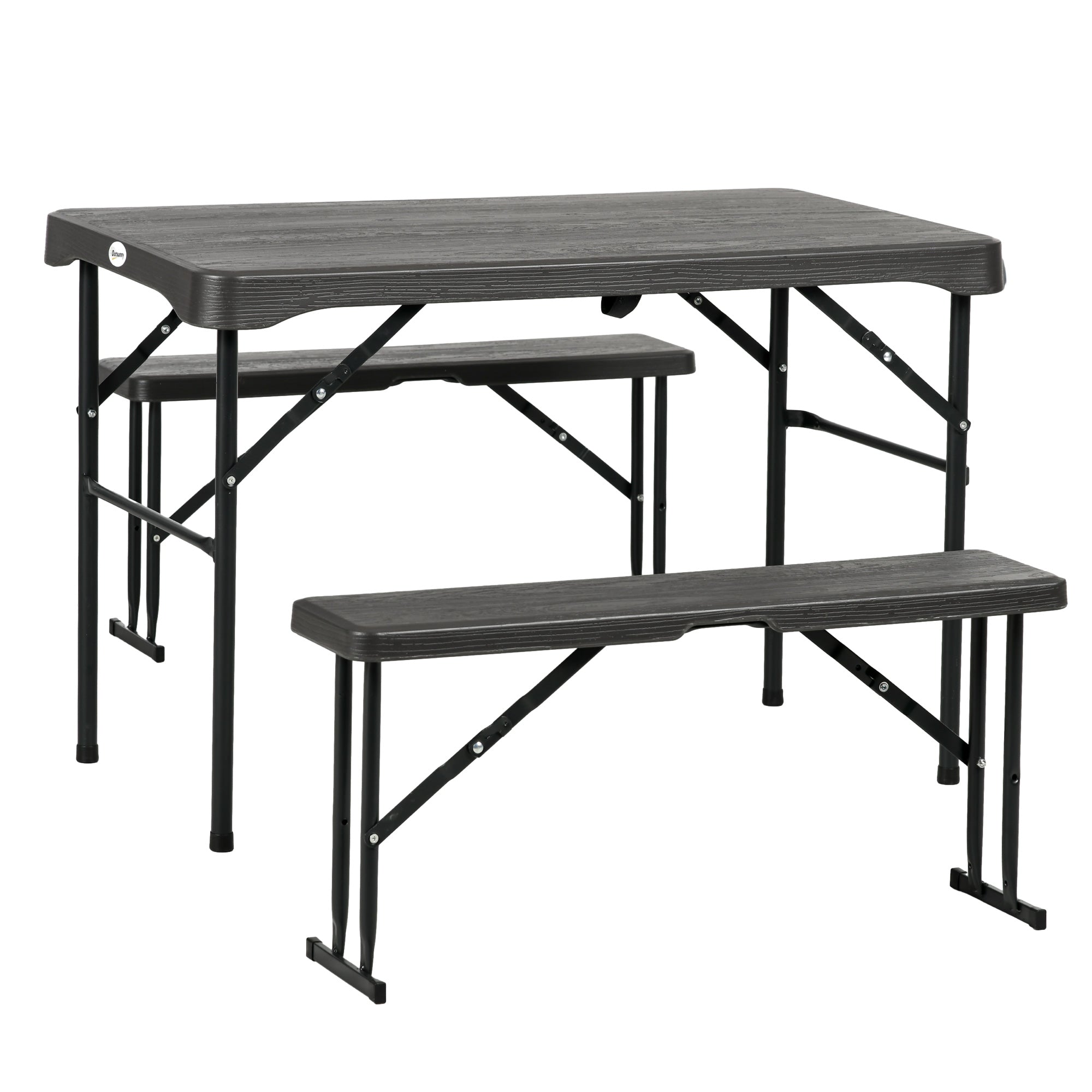 Outsunny Folding Picnic Table with 2 Benches, 3-Piece Portable Outdoor Picnic Table Bench Set for 4, Patio Dining Table Set with Plastic Top, Steel Frame for Garden, Dark Grey