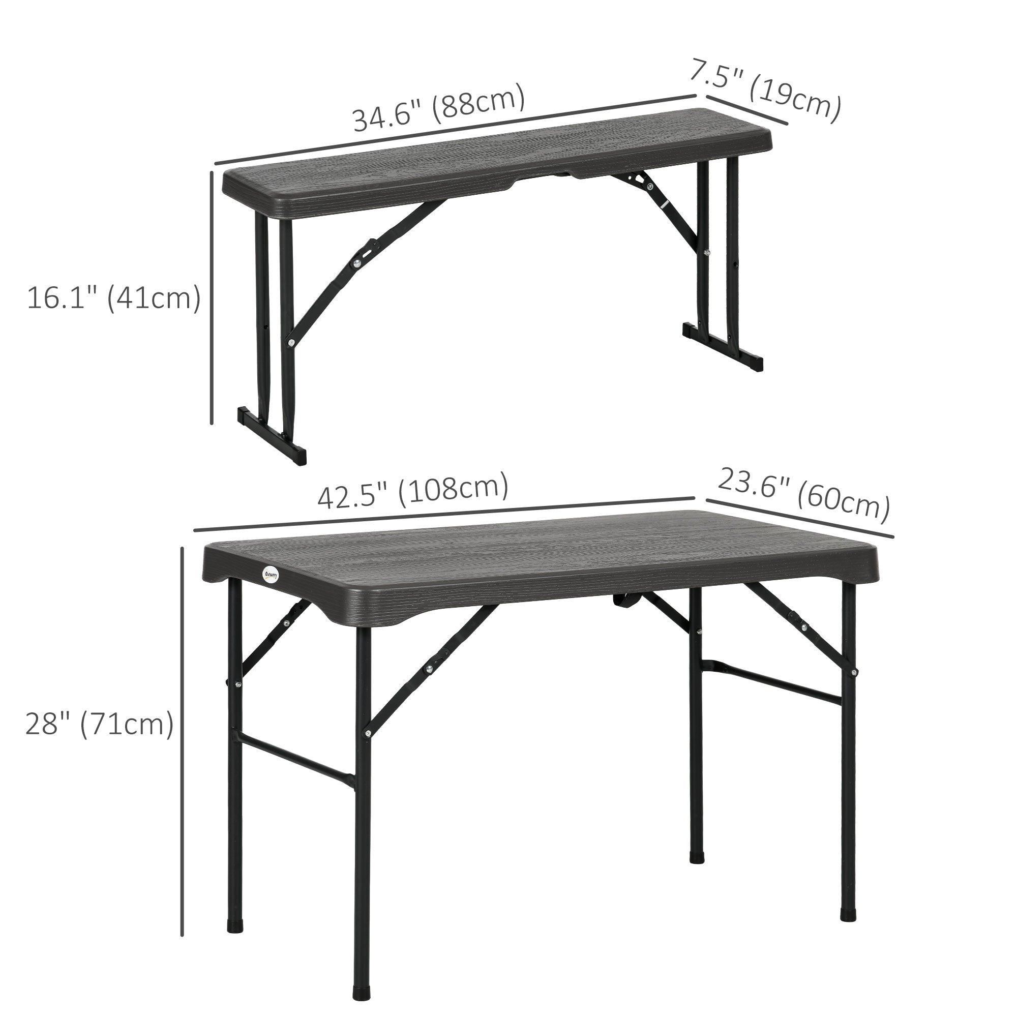 Outsunny Folding Picnic Table with 2 Benches, 3-Piece Portable Outdoor Picnic Table Bench Set for 4, Patio Dining Table Set with Plastic Top, Steel Frame for Garden, Dark Grey