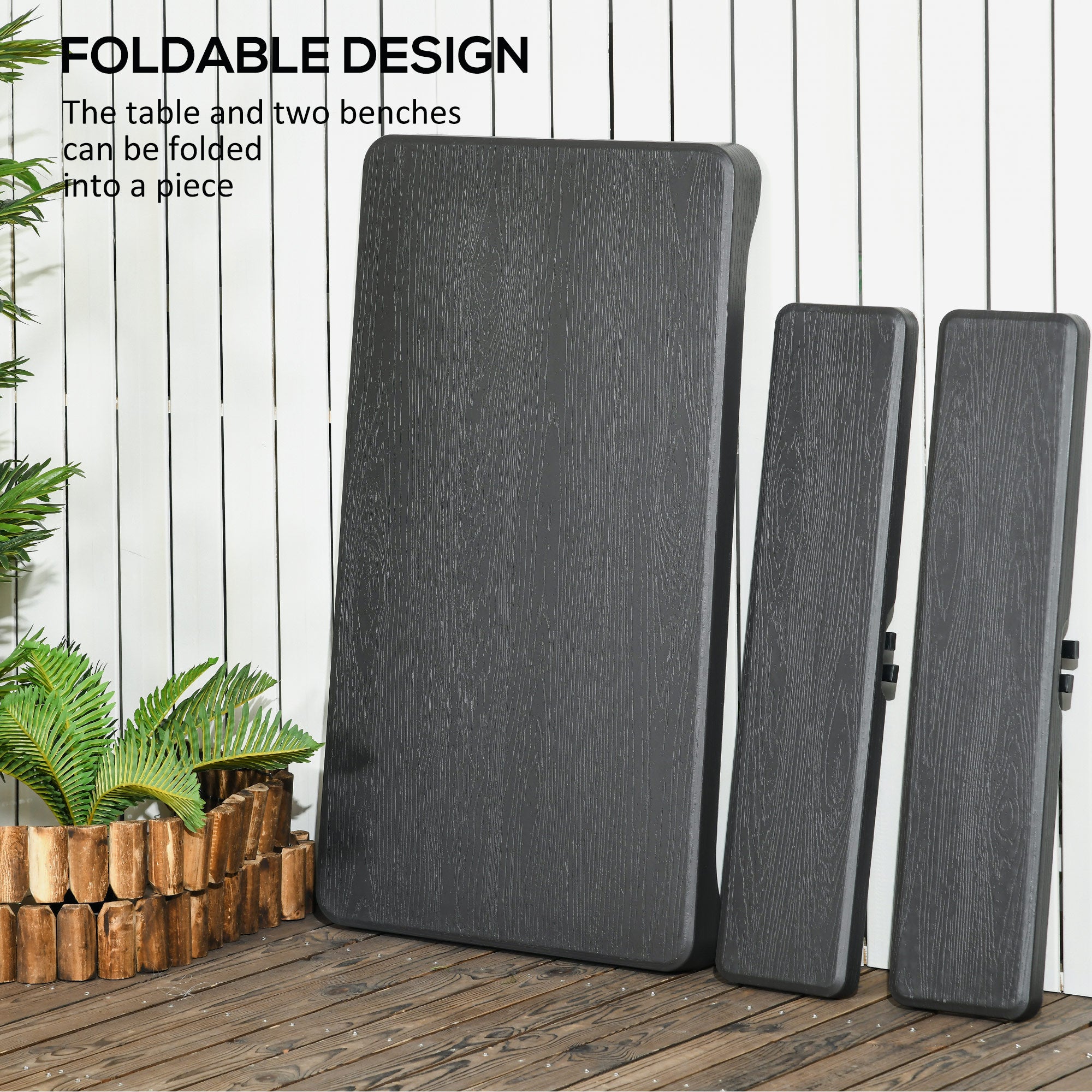 Outsunny Folding Picnic Table with 2 Benches, 3-Piece Portable Outdoor Picnic Table Bench Set for 4, Patio Dining Table Set with Plastic Top, Steel Frame for Garden, Dark Grey