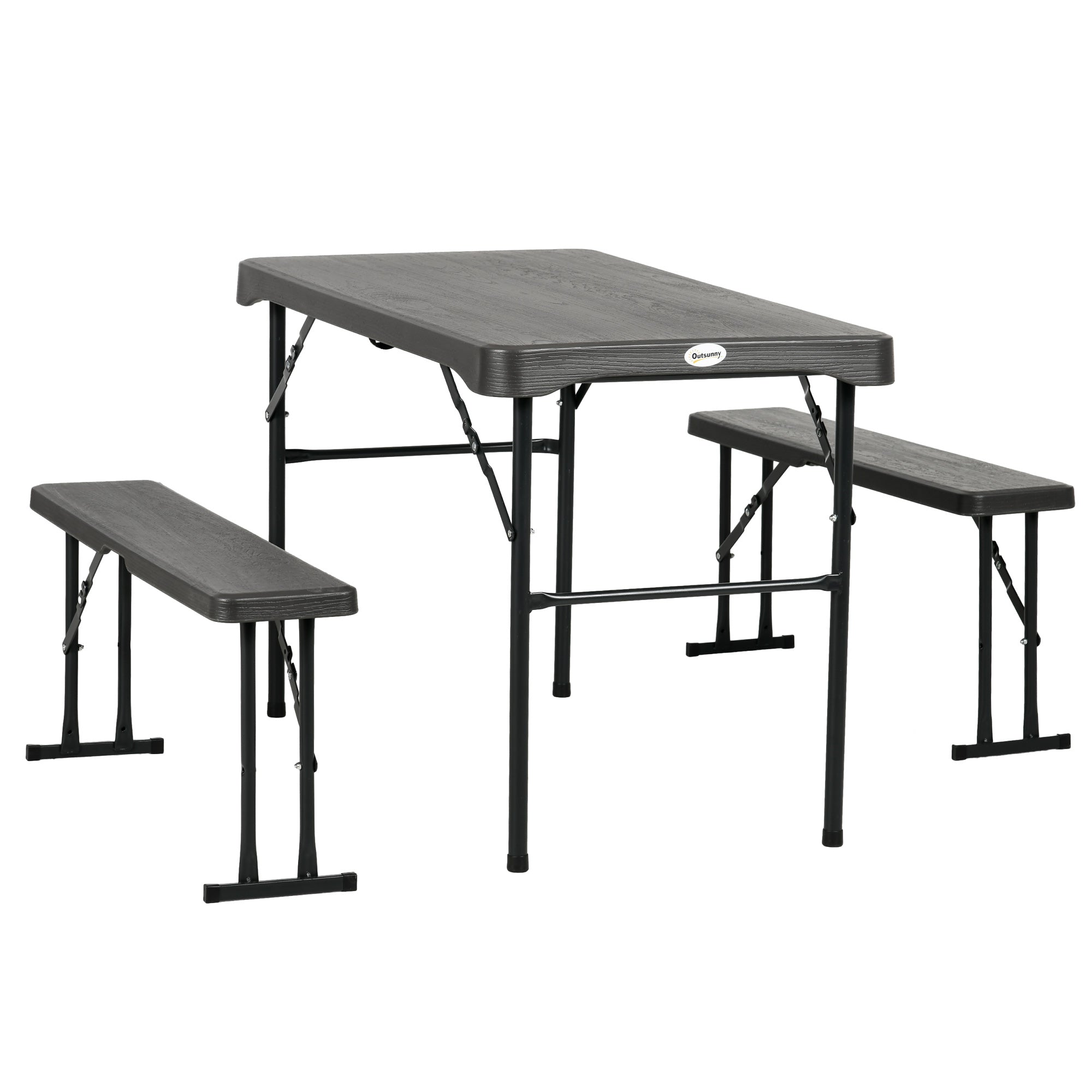 Outsunny Folding Picnic Table with 2 Benches, 3-Piece Portable Outdoor Picnic Table Bench Set for 4, Patio Dining Table Set with Plastic Top, Steel Frame for Garden, Dark Grey