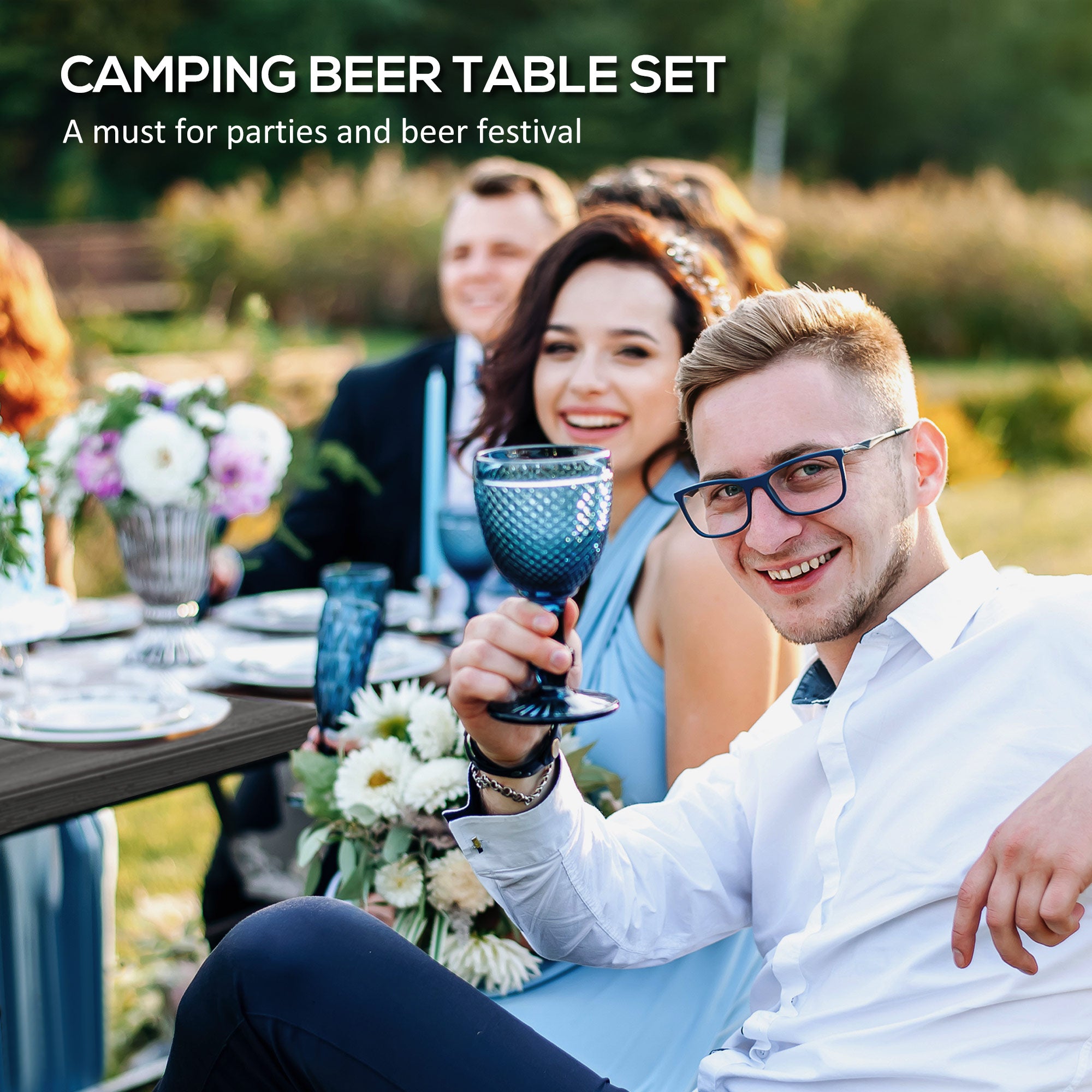 Outsunny Folding Picnic Table with 2 Benches, 3-Piece Portable Outdoor Picnic Table Bench Set for 4, Patio Dining Table Set with Plastic Top, Steel Frame for Garden, Dark Grey