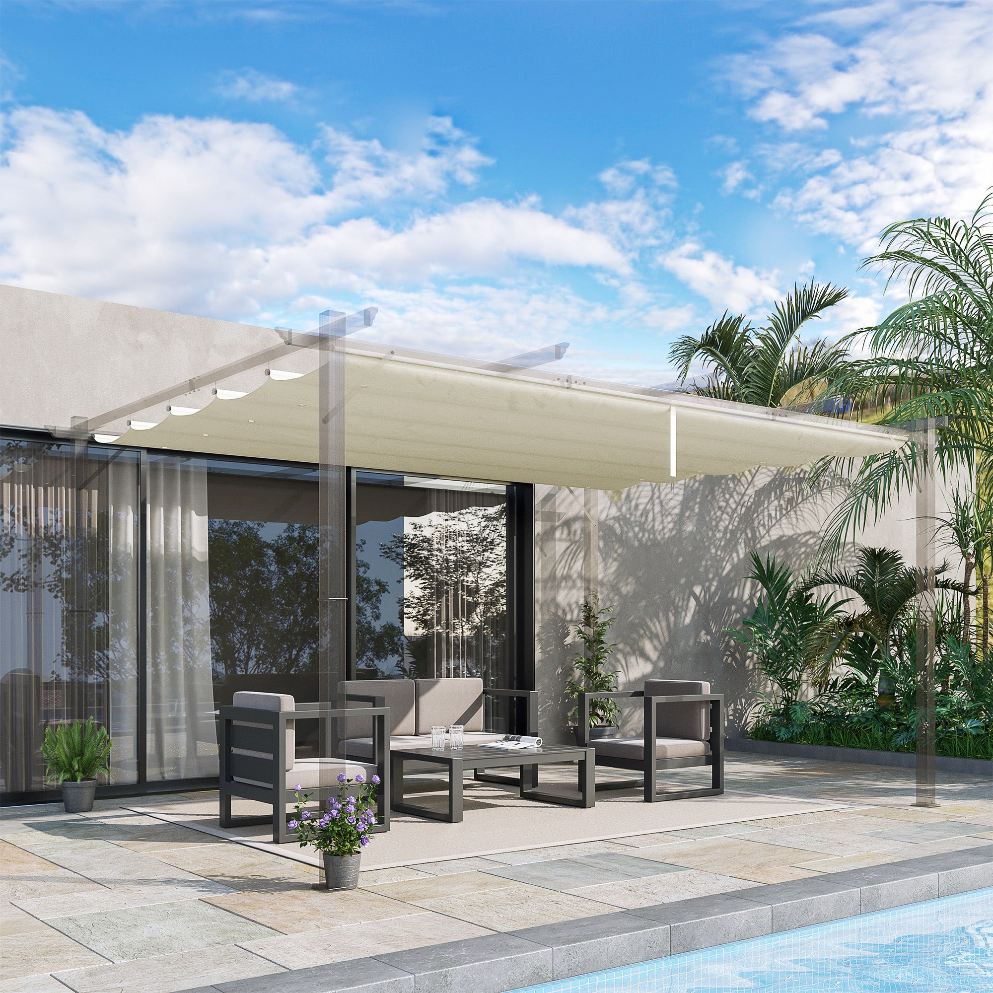 Outsunny Retractable Replacement Pergola Canopy for 10' x 13' Pergola, Pergola Cover Replacement, Cream White