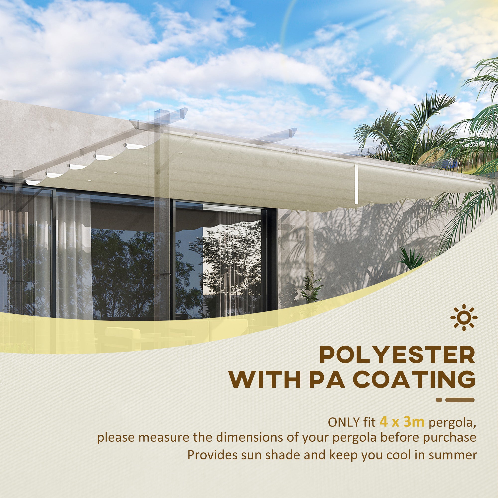 Outsunny Retractable Replacement Pergola Canopy for 10' x 13' Pergola, Pergola Cover Replacement, Cream White