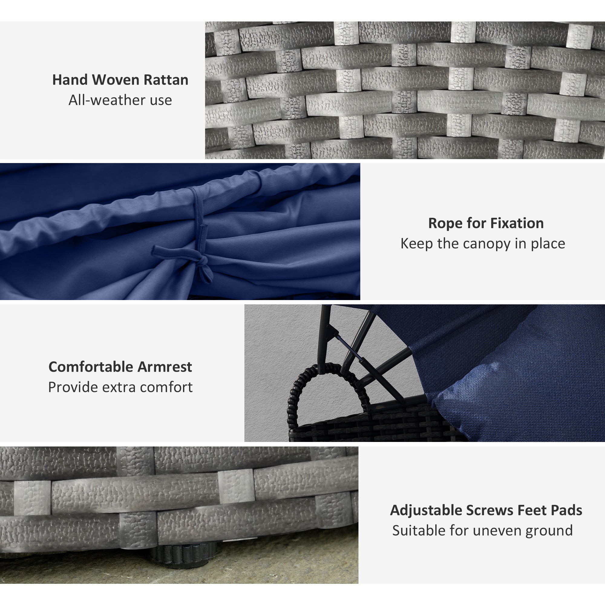 Outsunny 4 Pieces Outdoor Daybed with Retractable Canopy, PE Rattan Wicker Round Sofa Day Bed, Patio Sectional Conversation Furniture Set with Cushions and Pillows, Dark Blue