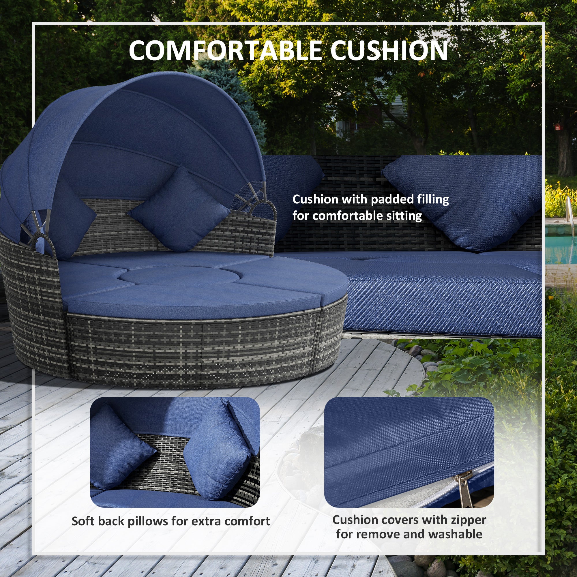 Outsunny 4 Pieces Outdoor Daybed with Retractable Canopy, PE Rattan Wicker Round Sofa Day Bed, Patio Sectional Conversation Furniture Set with Cushions and Pillows, Dark Blue