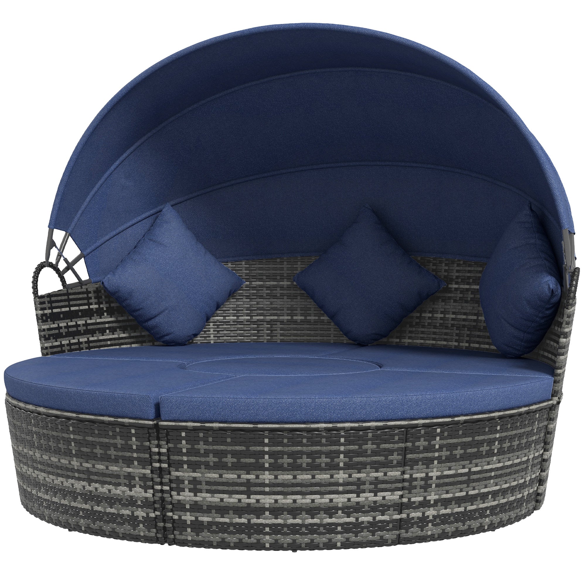 Outsunny 4 Pieces Outdoor Daybed with Retractable Canopy, PE Rattan Wicker Round Sofa Day Bed, Patio Sectional Conversation Furniture Set with Cushions and Pillows, Dark Blue