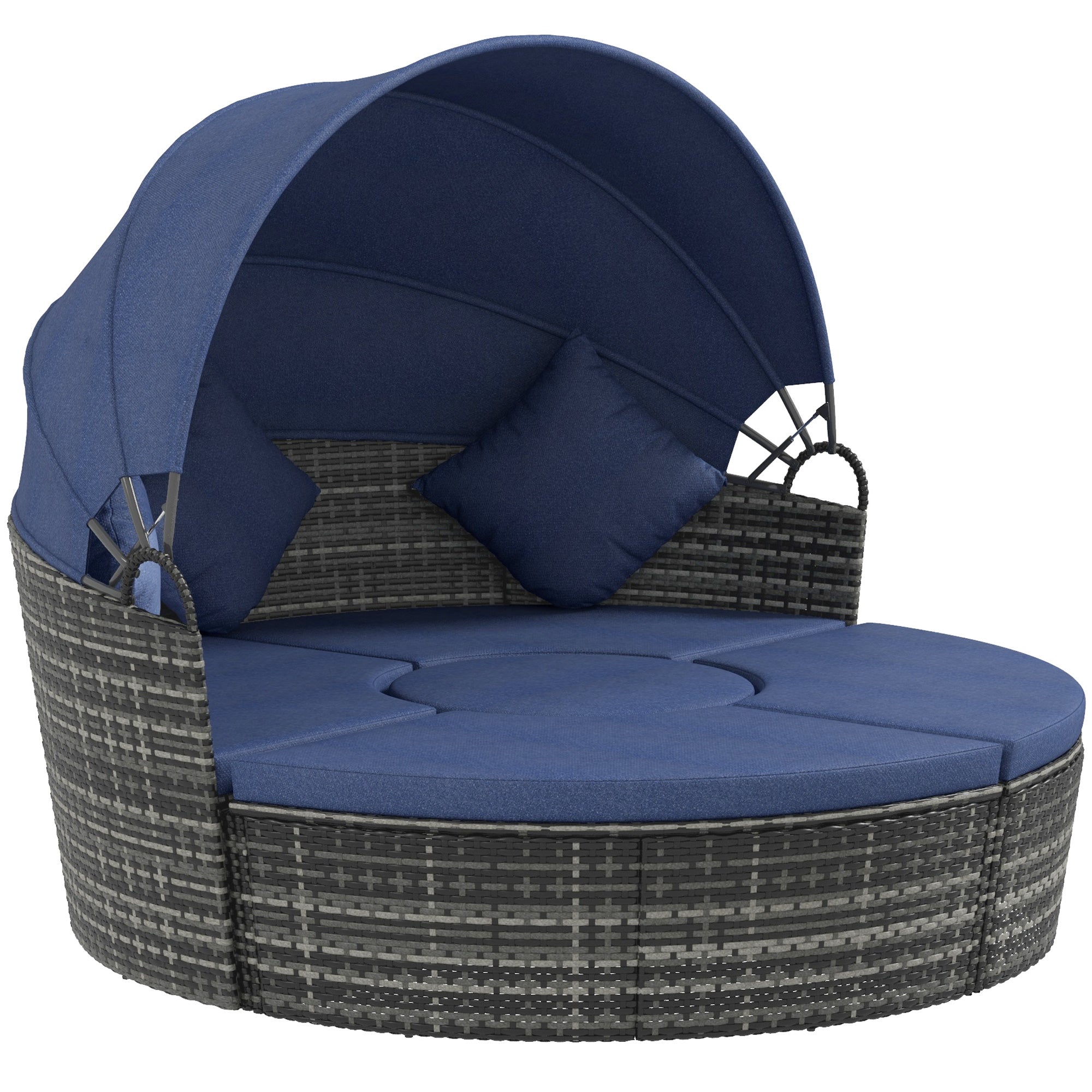 Outsunny 4 Pieces Outdoor Daybed with Retractable Canopy, PE Rattan Wicker Round Sofa Day Bed, Patio Sectional Conversation Furniture Set with Cushions and Pillows, Dark Blue