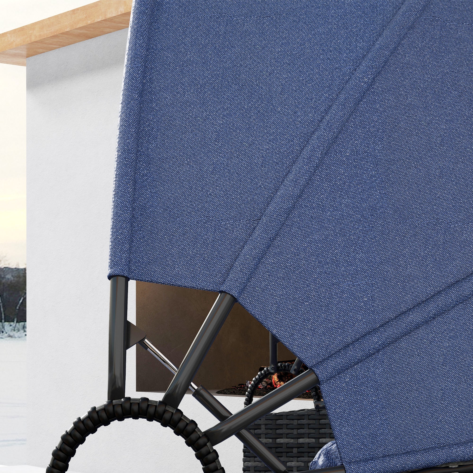 Outsunny 4 Pieces Outdoor Daybed with Retractable Canopy, PE Rattan Wicker Round Sofa Day Bed, Patio Sectional Conversation Furniture Set with Cushions and Pillows, Dark Blue