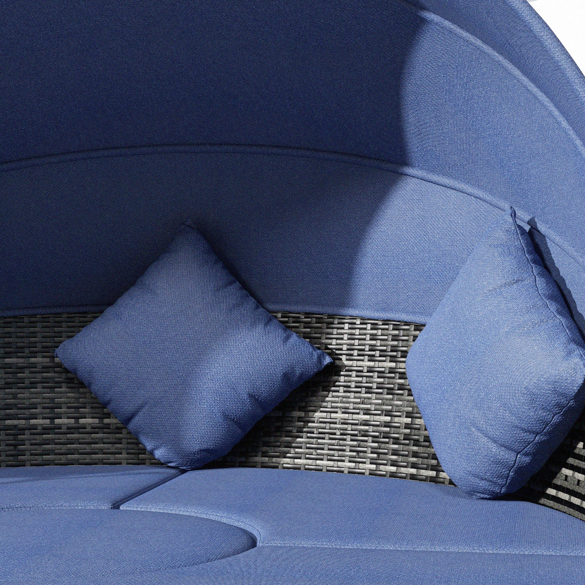 Outsunny 4 Pieces Outdoor Daybed with Retractable Canopy, PE Rattan Wicker Round Sofa Day Bed, Patio Sectional Conversation Furniture Set with Cushions and Pillows, Dark Blue