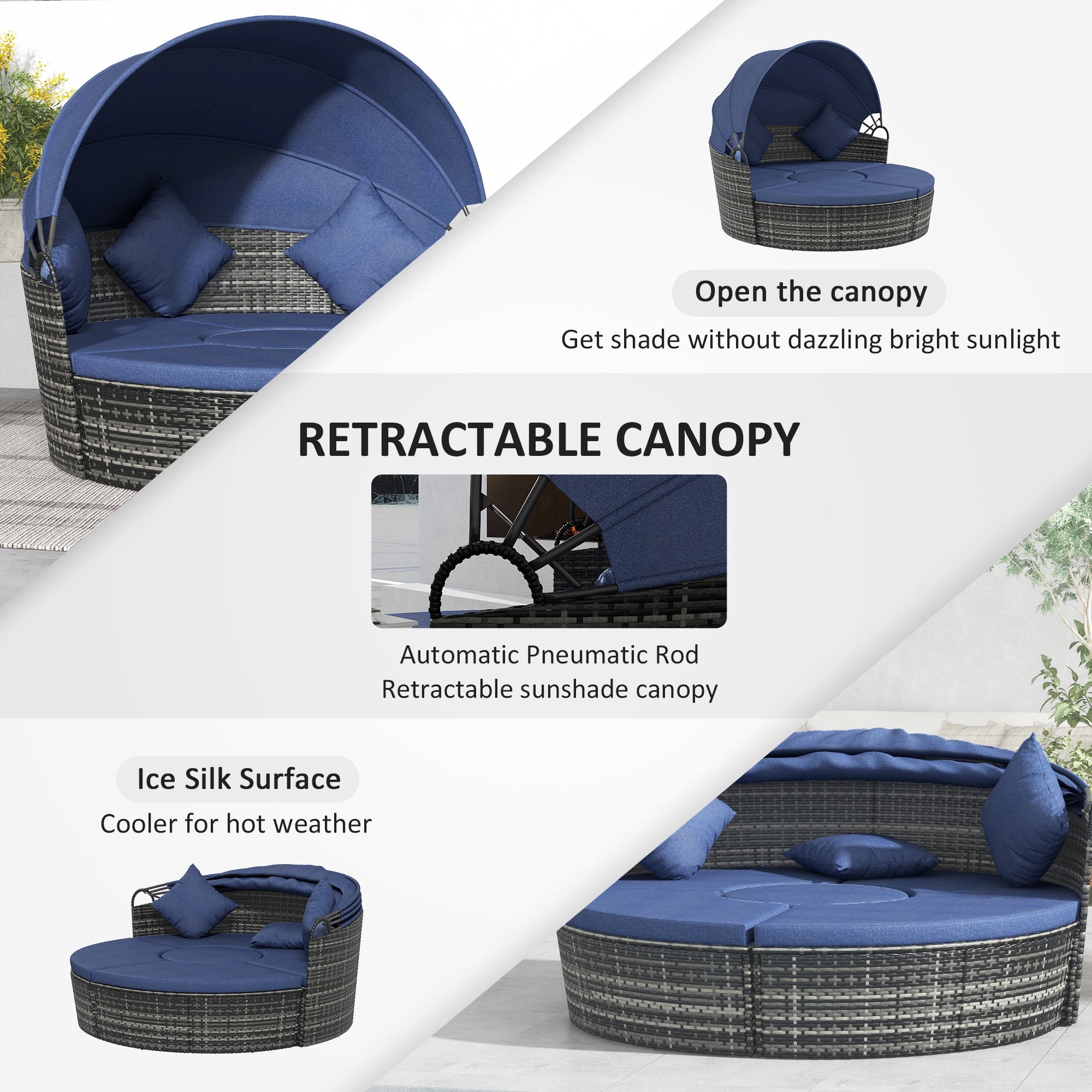 Outsunny 4 Pieces Outdoor Daybed with Retractable Canopy, PE Rattan Wicker Round Sofa Day Bed, Patio Sectional Conversation Furniture Set with Cushions and Pillows, Dark Blue