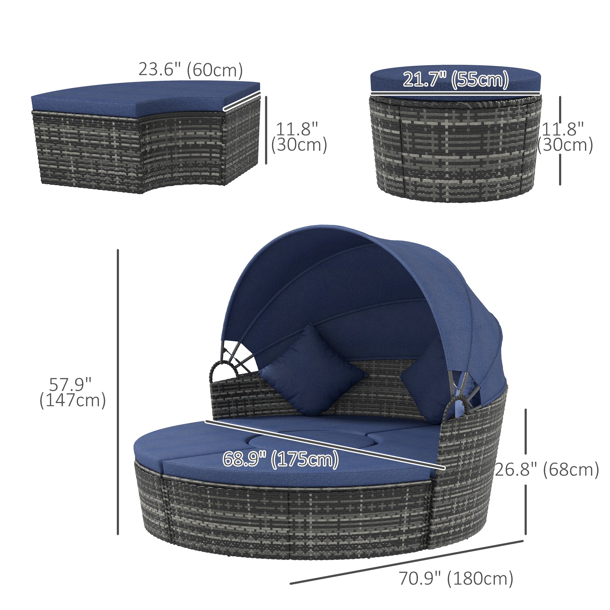 Outsunny 4 Pieces Outdoor Daybed with Retractable Canopy, PE Rattan Wicker Round Sofa Day Bed, Patio Sectional Conversation Furniture Set with Cushions and Pillows, Dark Blue
