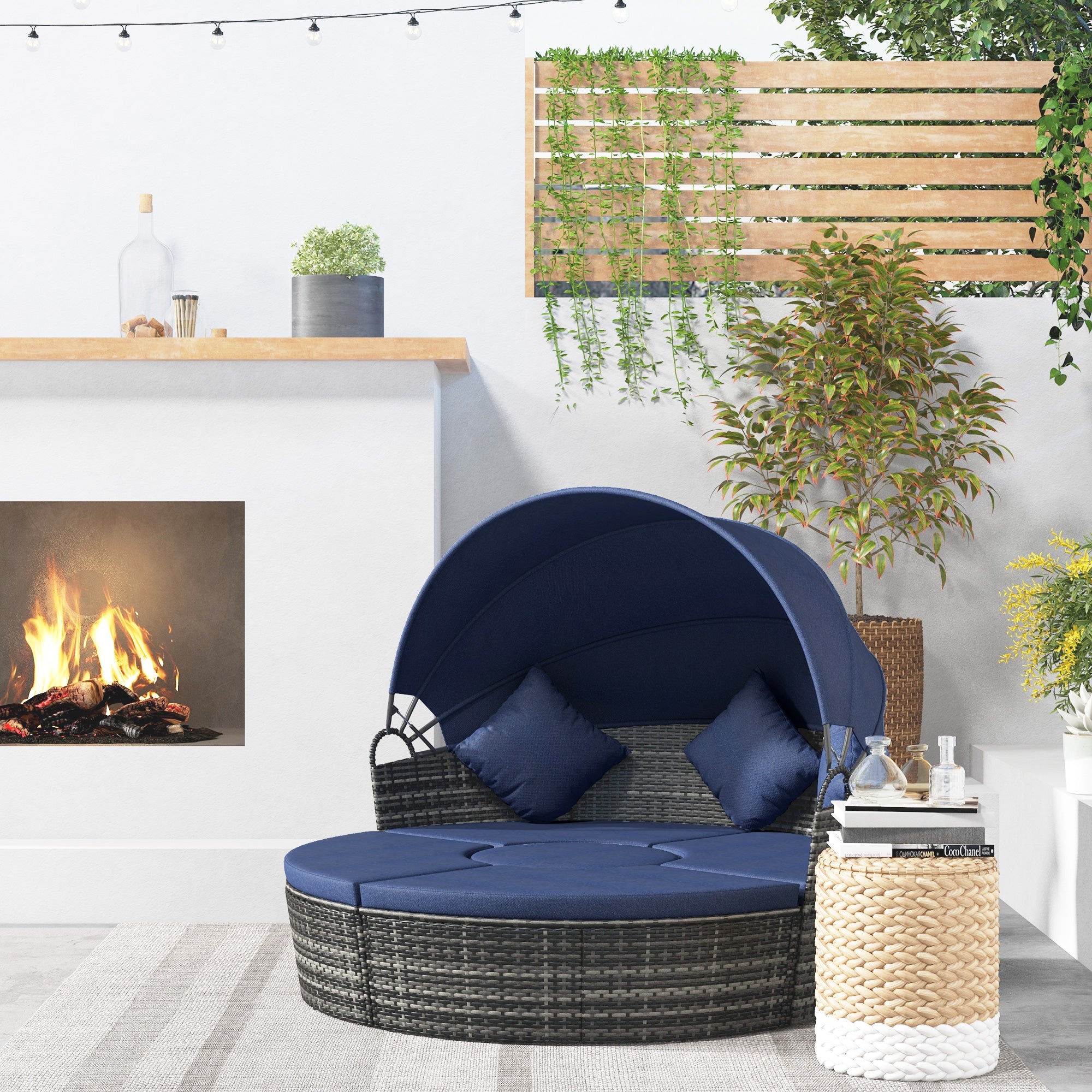 Outsunny 4 Pieces Outdoor Daybed with Retractable Canopy, PE Rattan Wicker Round Sofa Day Bed, Patio Sectional Conversation Furniture Set with Cushions and Pillows, Dark Blue