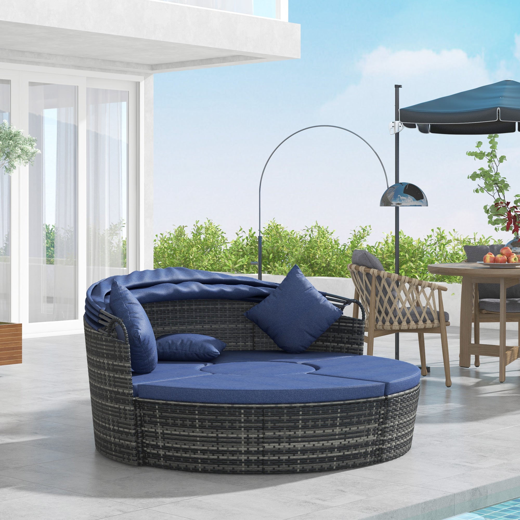 Outsunny 4 Pieces Outdoor Daybed with Retractable Canopy, PE Rattan Wicker Round Sofa Day Bed, Patio Sectional Conversation Furniture Set with Cushions and Pillows, Dark Blue