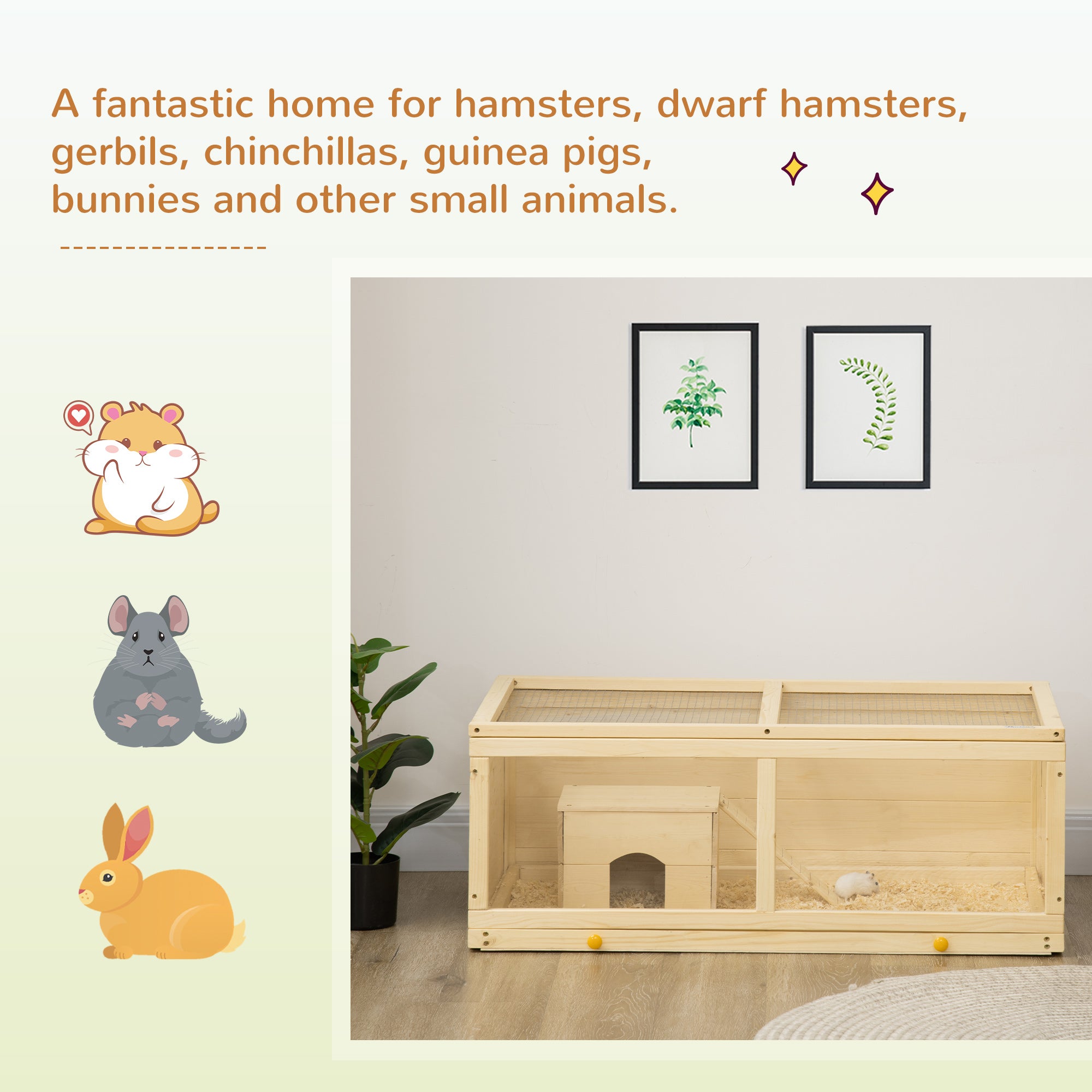 PawHut Wooden Hamster Cage, Small Animals Kit Hutch, Exercise Play House for Dwarf Hamsters, Gerbils, Chinchillas, Guinea Pigs, Bunnies, with Sliding Tray, Natural Wood