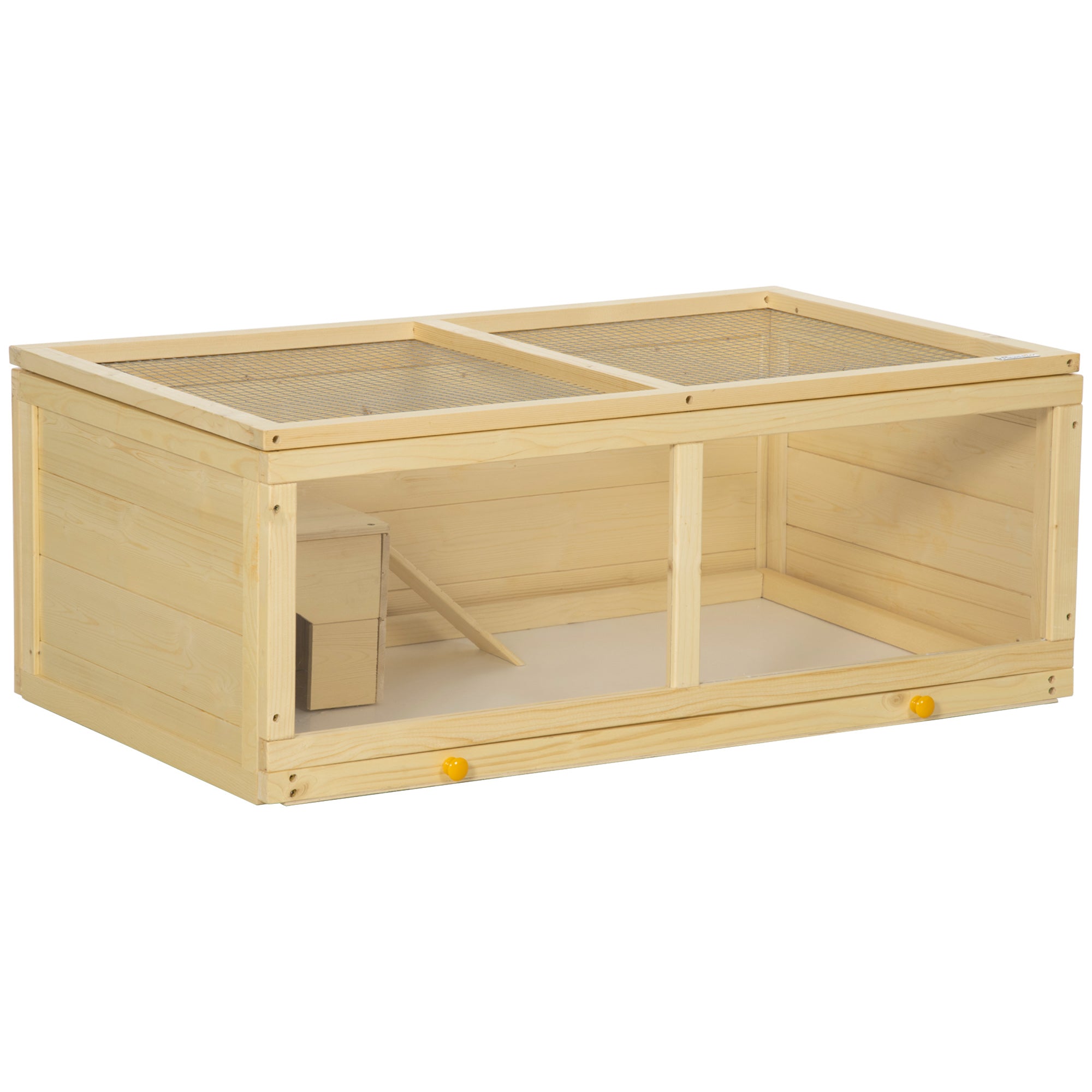 PawHut Wooden Hamster Cage, Small Animals Kit Hutch, Exercise Play House for Dwarf Hamsters, Gerbils, Chinchillas, Guinea Pigs, Bunnies, with Sliding Tray, Natural Wood