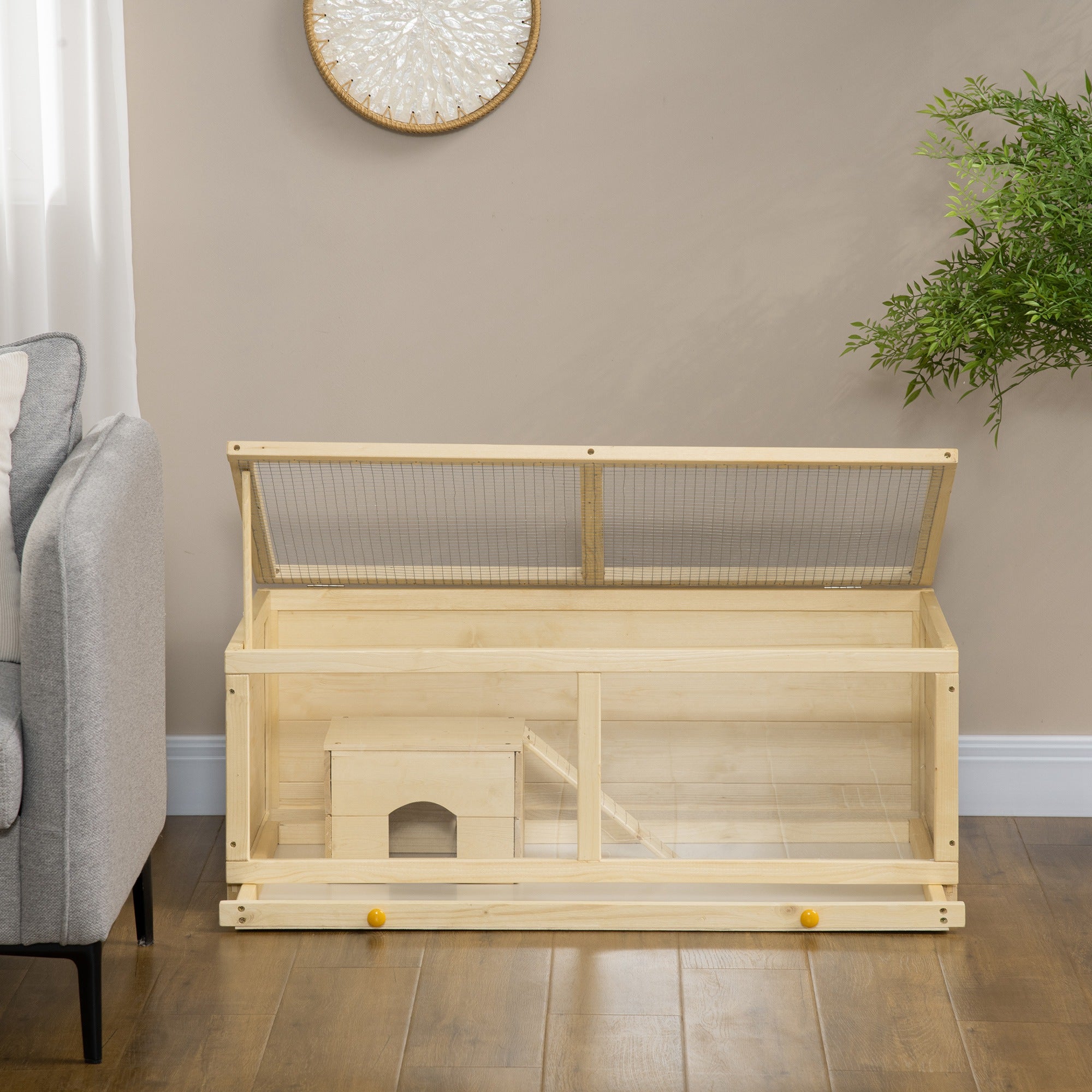 PawHut Wooden Hamster Cage, Small Animals Kit Hutch, Exercise Play House for Dwarf Hamsters, Gerbils, Chinchillas, Guinea Pigs, Bunnies, with Sliding Tray, Natural Wood