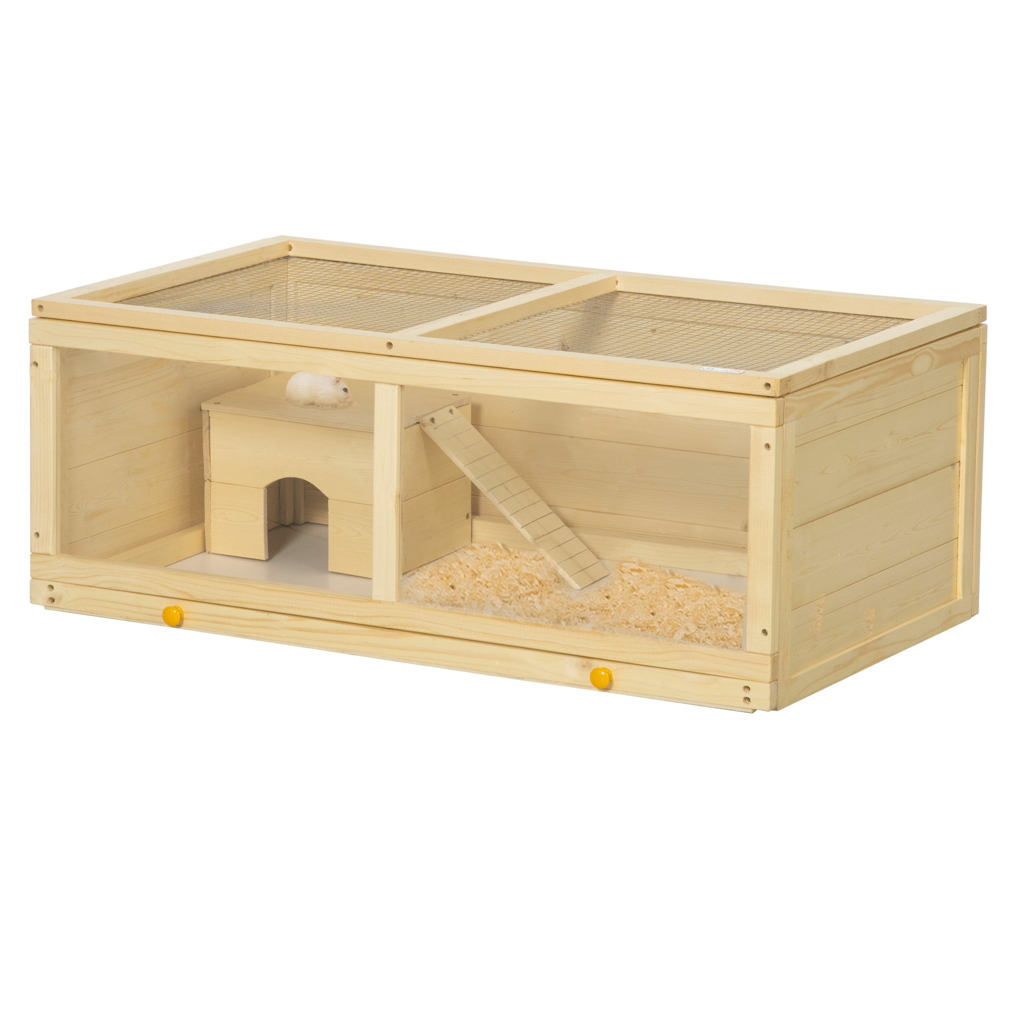 PawHut Wooden Hamster Cage, Small Animals Kit Hutch, Exercise Play House for Dwarf Hamsters, Gerbils, Chinchillas, Guinea Pigs, Bunnies, with Sliding Tray, Natural Wood