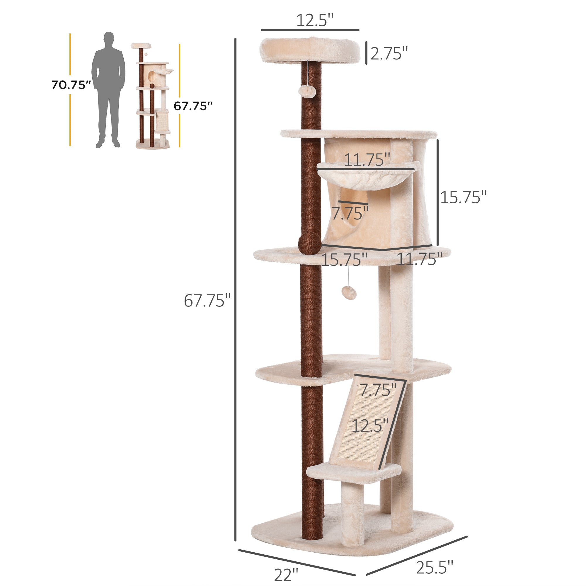 PawHut 68" Cat Tree Tower, Large Cat Condo Furniture, Multi-Level Cat Tower with Scratching Posts, Ramp, Perches, Dangling Balls - Beige