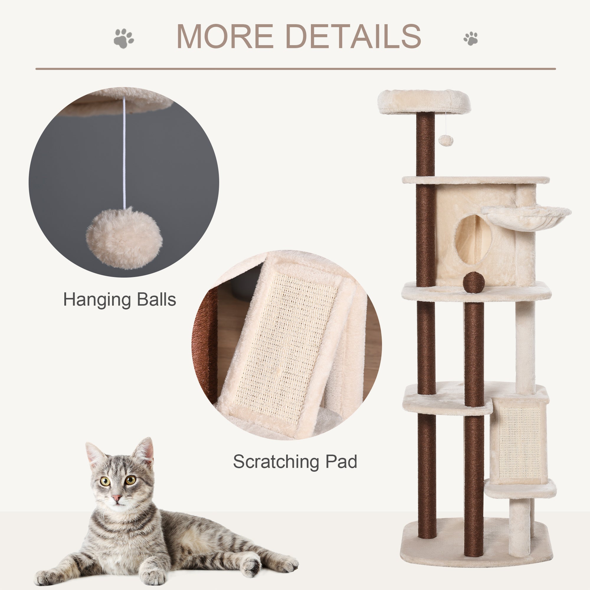 PawHut 68" Cat Tree Tower, Large Cat Condo Furniture, Multi-Level Cat Tower with Scratching Posts, Ramp, Perches, Dangling Balls - Beige