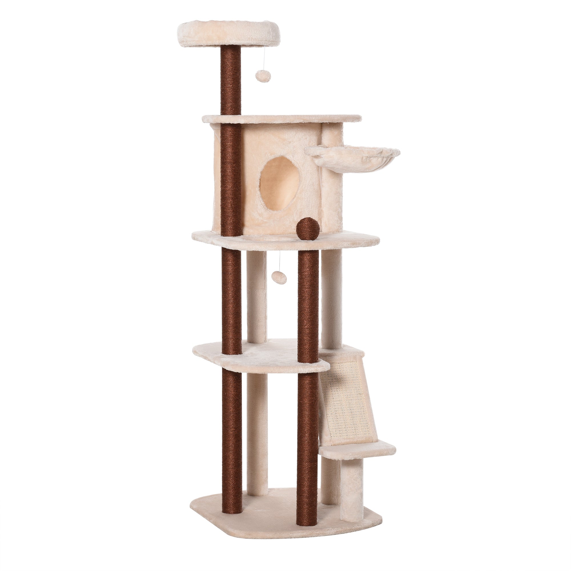 PawHut 68" Cat Tree Tower, Large Cat Condo Furniture, Multi-Level Cat Tower with Scratching Posts, Ramp, Perches, Dangling Balls - Beige