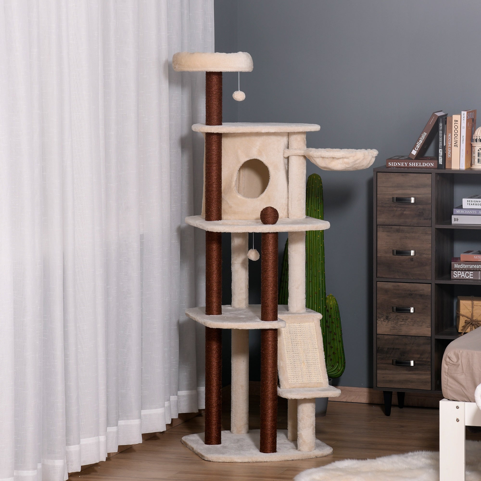 PawHut 68" Cat Tree Tower, Large Cat Condo Furniture, Multi-Level Cat Tower with Scratching Posts, Ramp, Perches, Dangling Balls - Beige