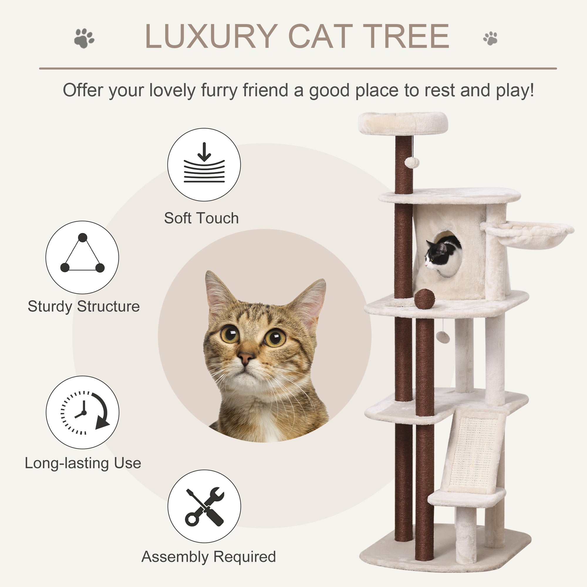 PawHut 68" Cat Tree Tower, Large Cat Condo Furniture, Multi-Level Cat Tower with Scratching Posts, Ramp, Perches, Dangling Balls - Beige