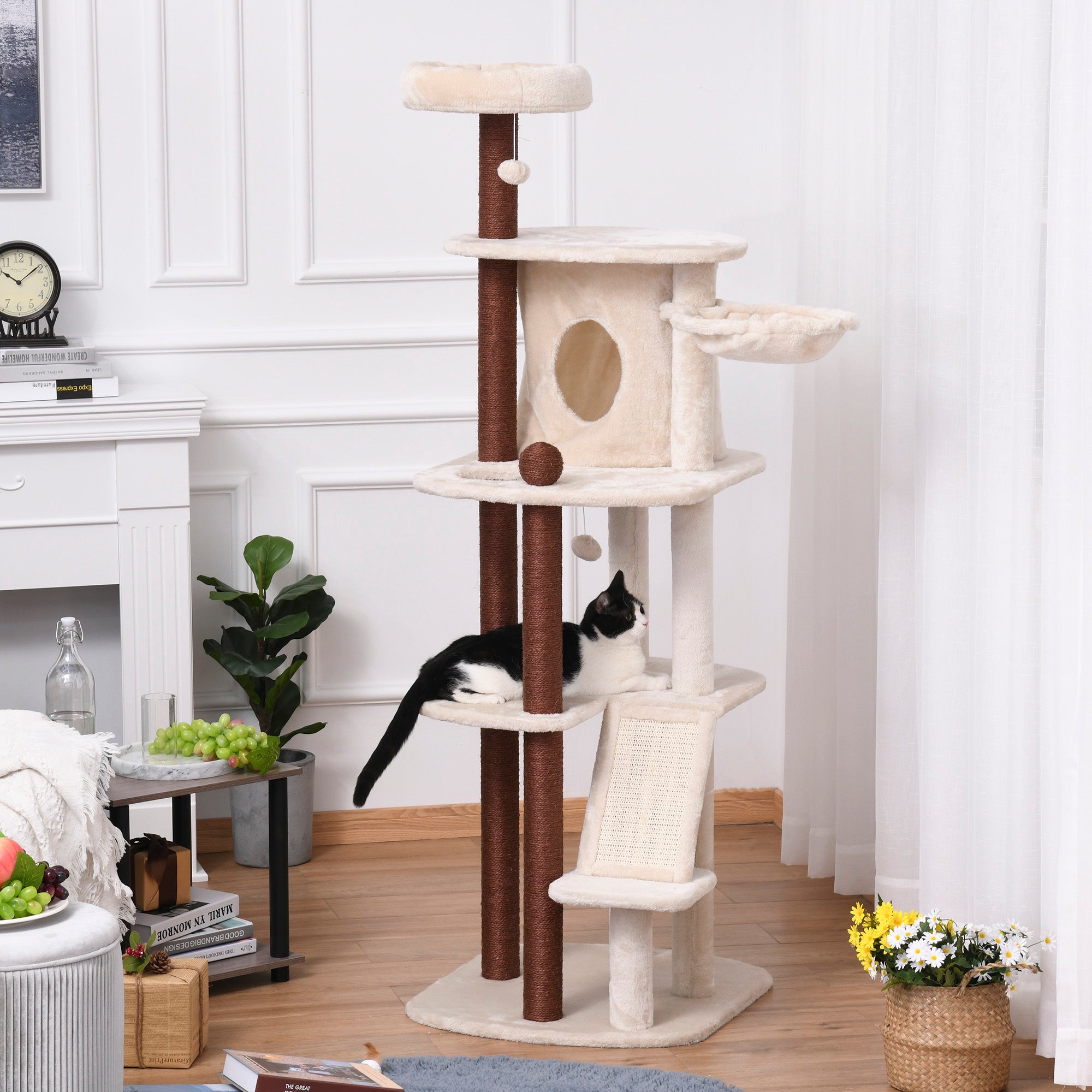 PawHut 68" Cat Tree Tower, Large Cat Condo Furniture, Multi-Level Cat Tower with Scratching Posts, Ramp, Perches, Dangling Balls - Beige