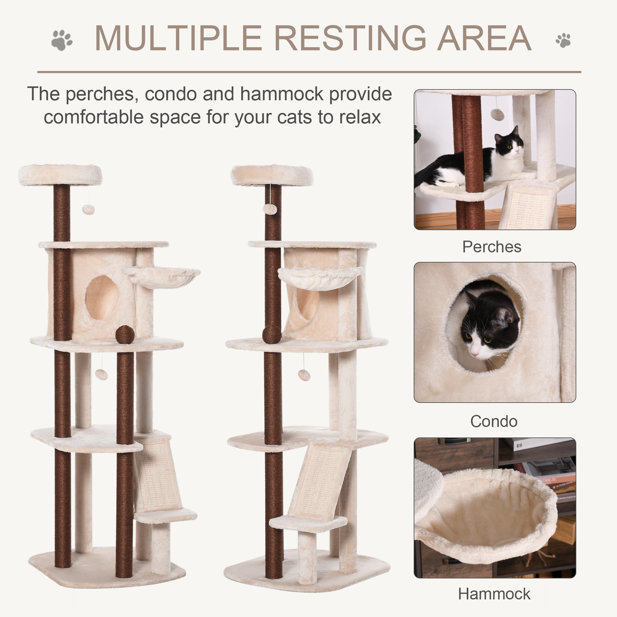 PawHut 68" Cat Tree Tower, Large Cat Condo Furniture, Multi-Level Cat Tower with Scratching Posts, Ramp, Perches, Dangling Balls - Beige