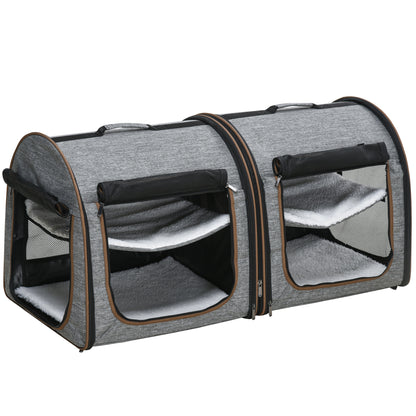 PawHut 39" Travel Pet Carrier, Portable Soft-Sided Cat Carrier with Divider, Two Compartments, Soft Cushions & Storage Bag, Grey