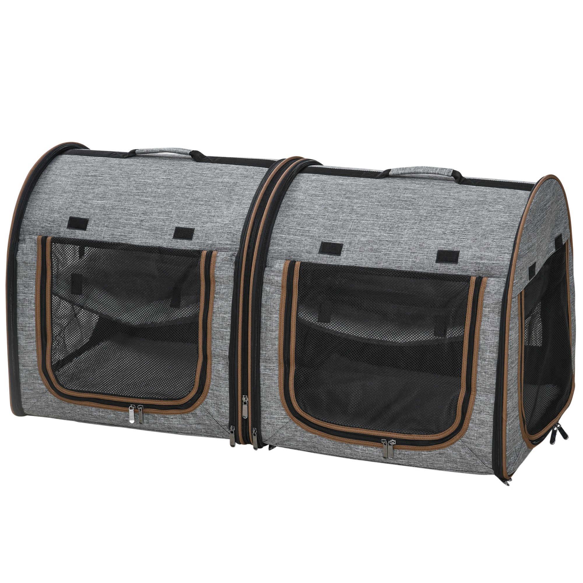 PawHut 39" Travel Pet Carrier, Portable Soft-Sided Cat Carrier with Divider, Two Compartments, Soft Cushions & Storage Bag, Grey