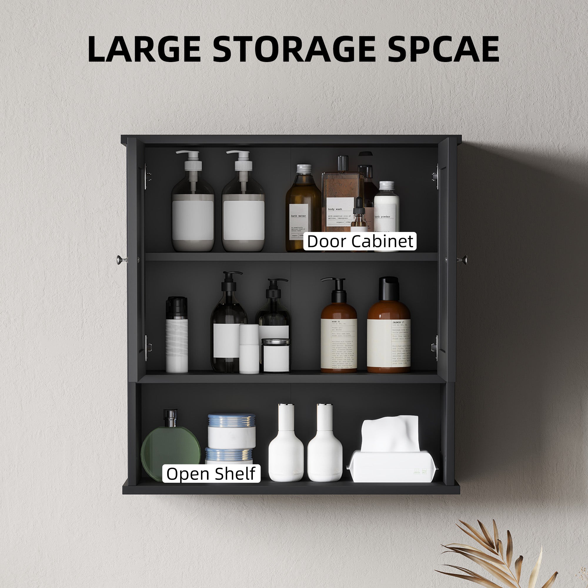 kleankin Farmhouse Bathroom Wall Cabinet, Wall-Mounted Medicine Cabinet with Open Shelf, Adjustable Shelf, and Storage Cabinet for Laundry Room, Black