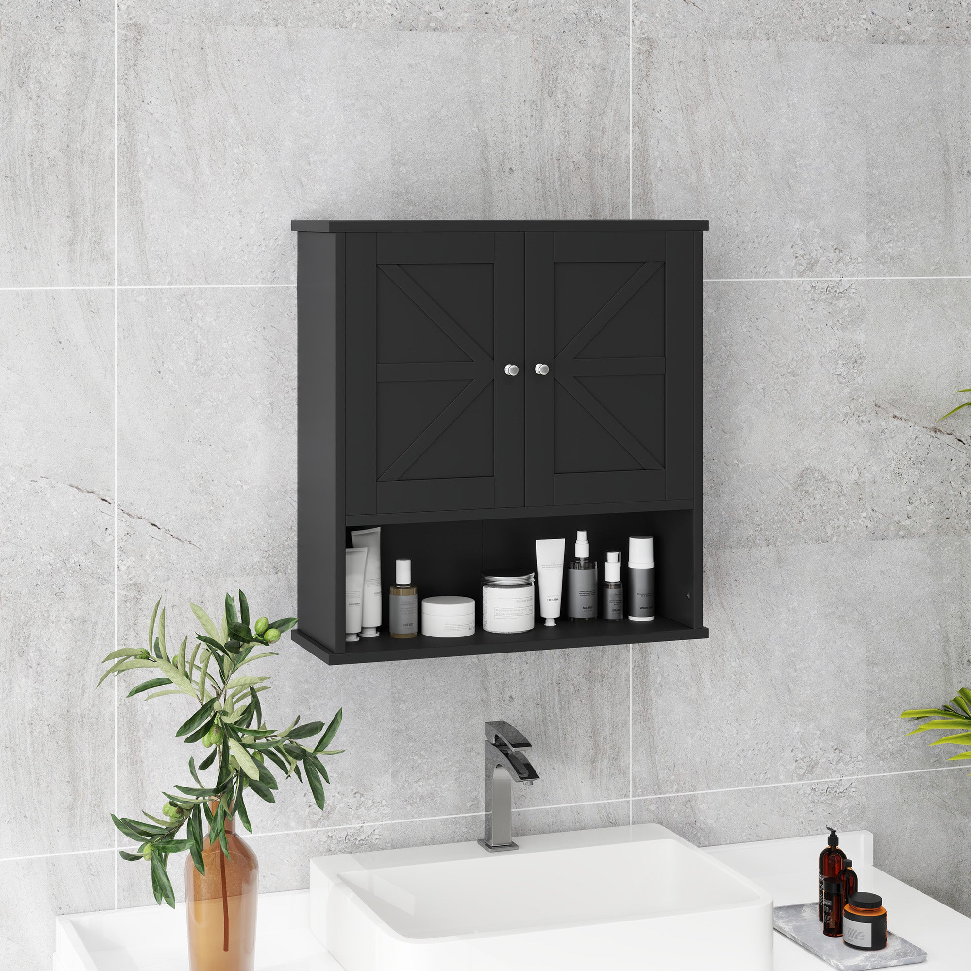 kleankin Farmhouse Bathroom Wall Cabinet, Wall-Mounted Medicine Cabinet with Open Shelf, Adjustable Shelf, and Storage Cabinet for Laundry Room, Black