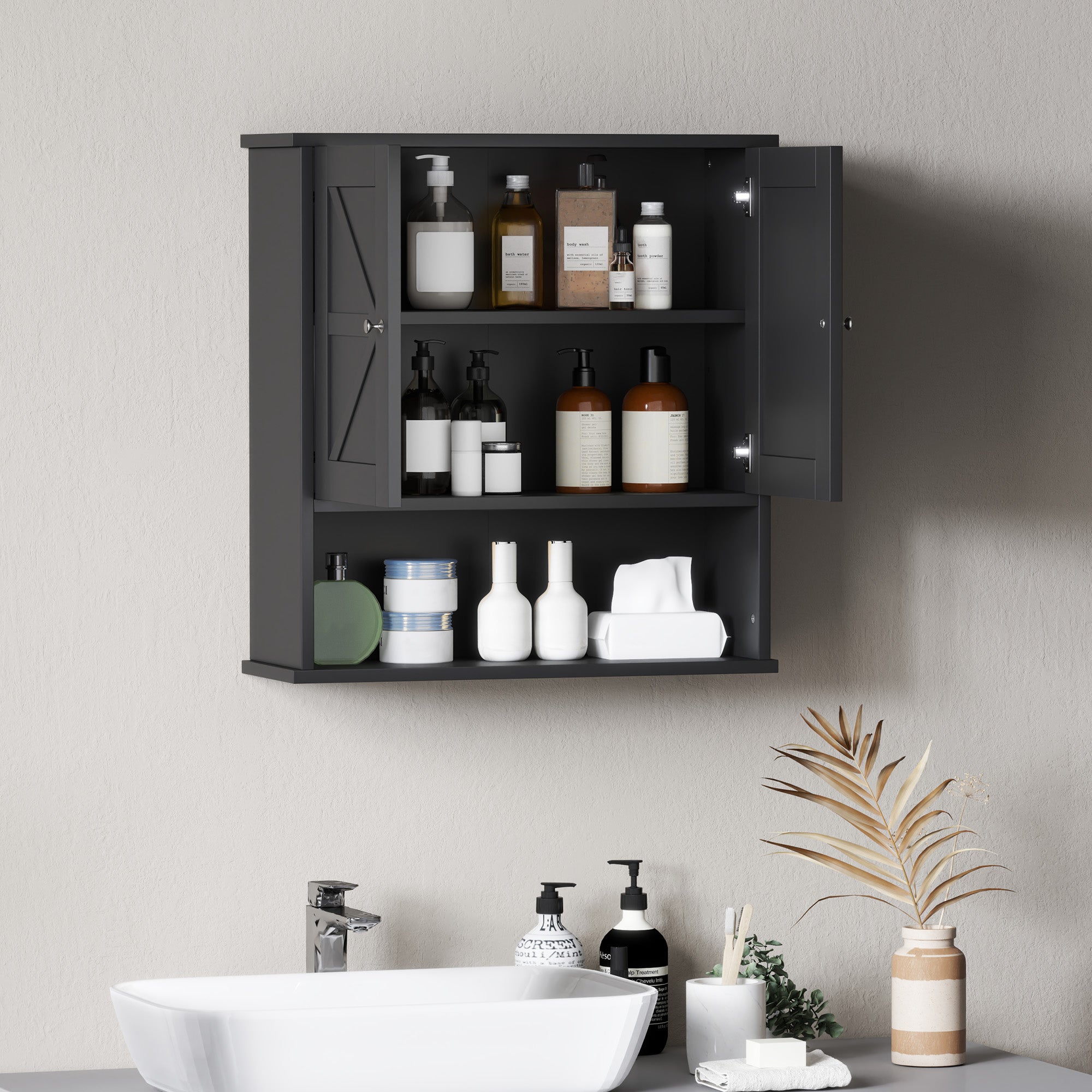 kleankin Farmhouse Bathroom Wall Cabinet, Wall-Mounted Medicine Cabinet with Open Shelf, Adjustable Shelf, and Storage Cabinet for Laundry Room, Black