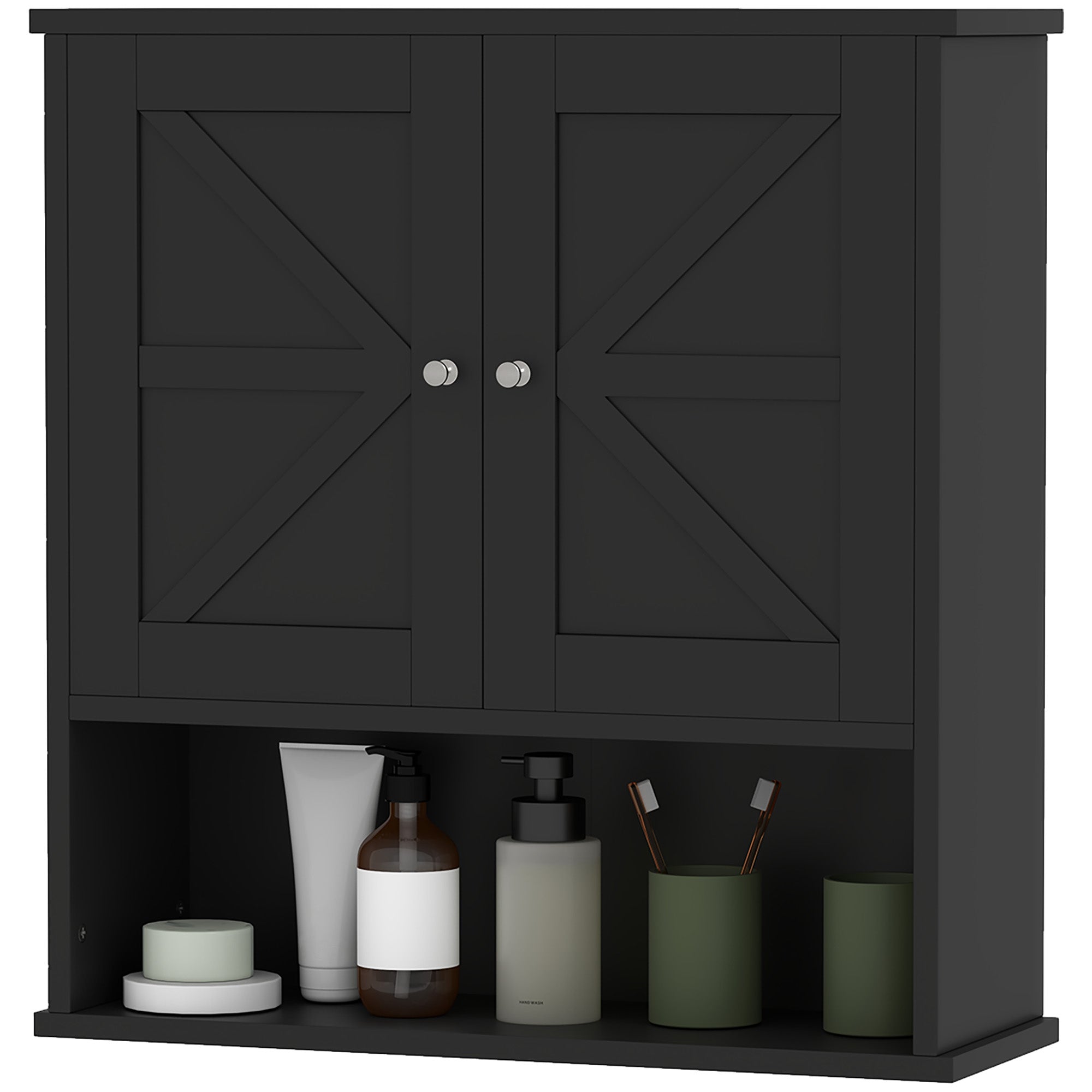 kleankin Farmhouse Bathroom Wall Cabinet, Wall-Mounted Medicine Cabinet with Open Shelf, Adjustable Shelf, and Storage Cabinet for Laundry Room, Black
