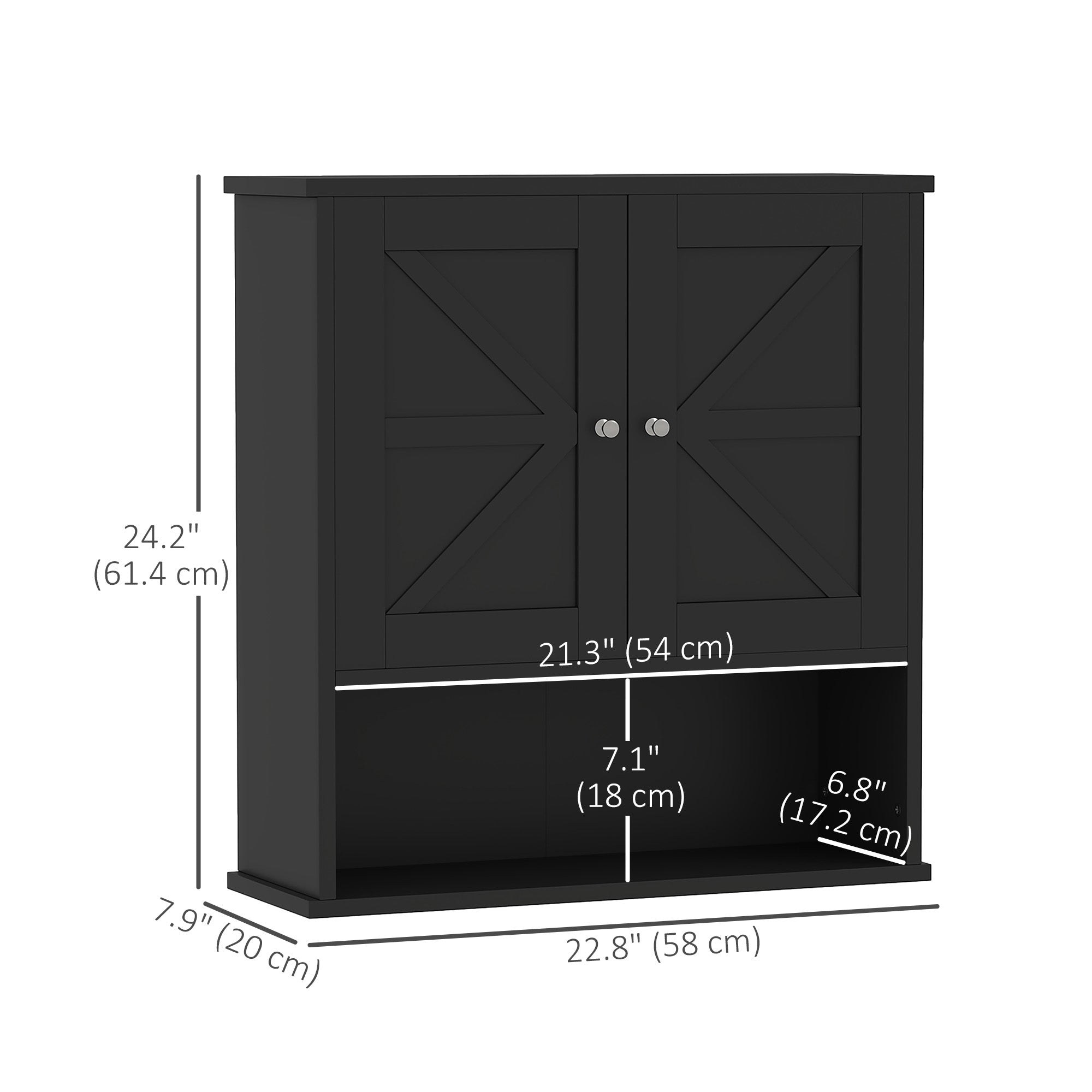 kleankin Farmhouse Bathroom Wall Cabinet, Wall-Mounted Medicine Cabinet with Open Shelf, Adjustable Shelf, and Storage Cabinet for Laundry Room, Black