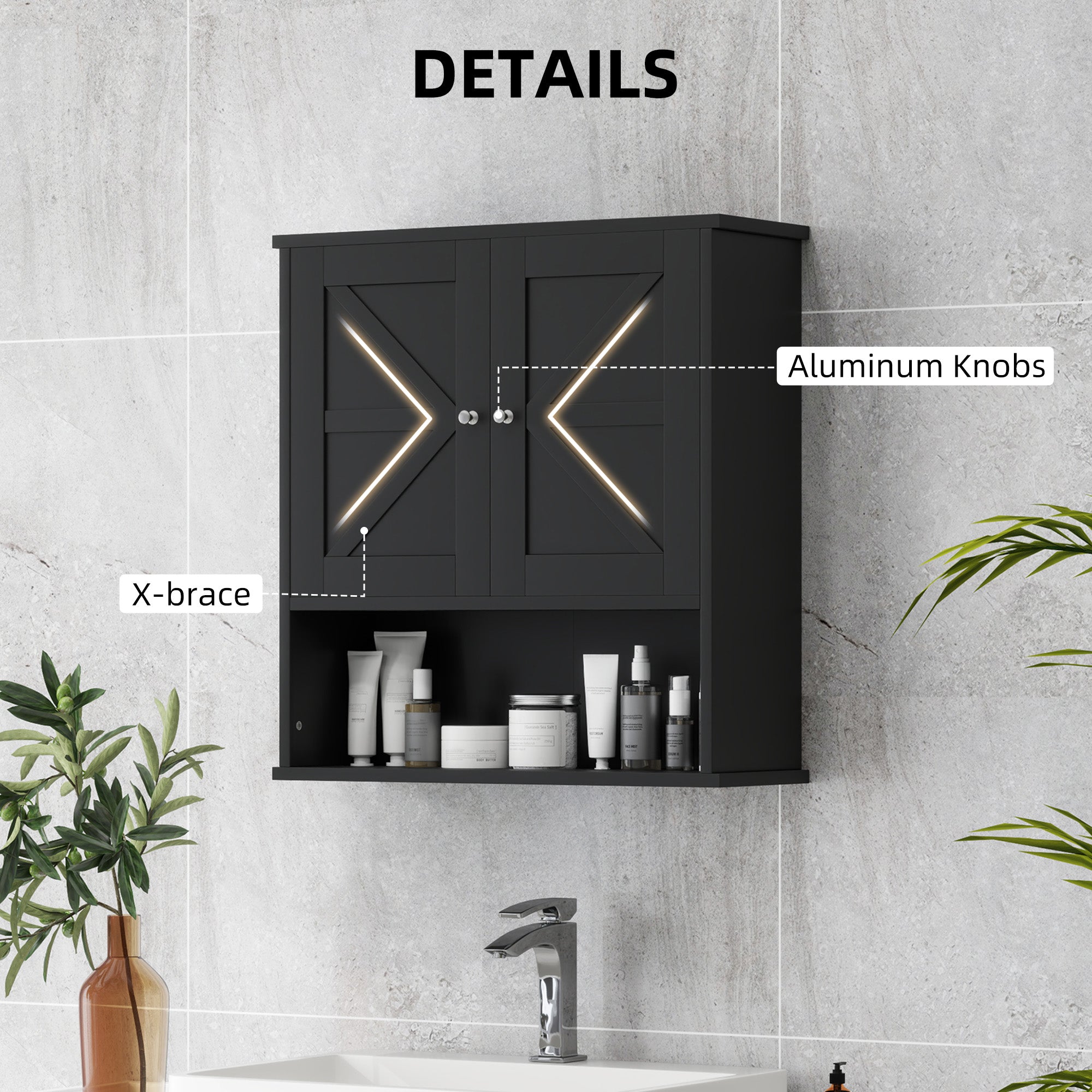 kleankin Farmhouse Bathroom Wall Cabinet, Wall-Mounted Medicine Cabinet with Open Shelf, Adjustable Shelf, and Storage Cabinet for Laundry Room, Black